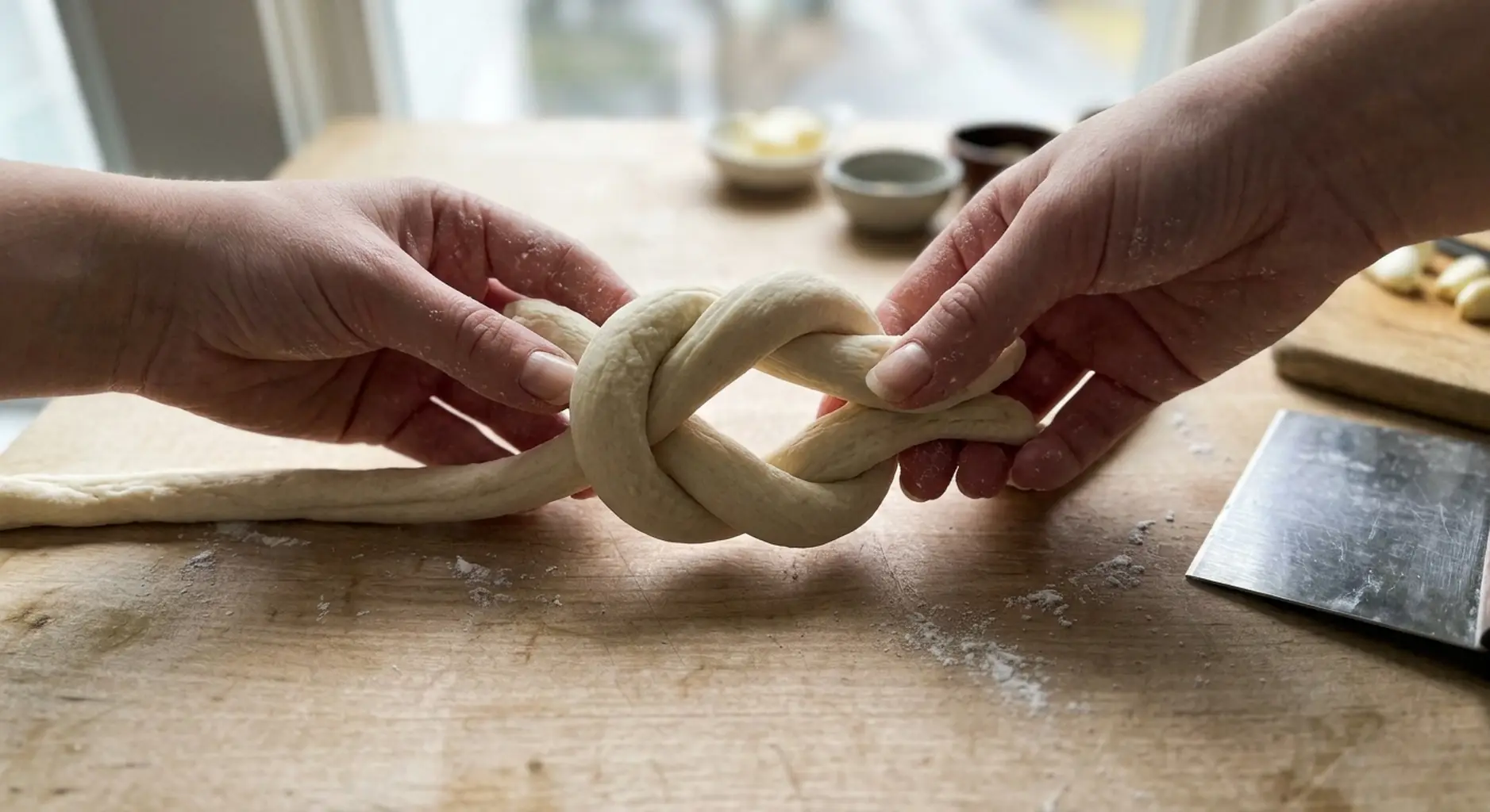 Hands tying a loose overhand knot in a rope of pizza dough