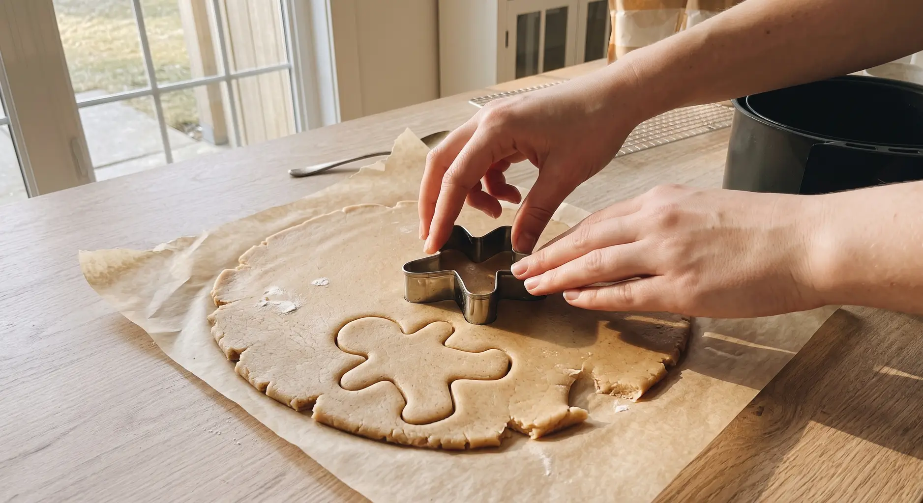 Cutting gingerbread men from rolled dough with a cutter on parchment