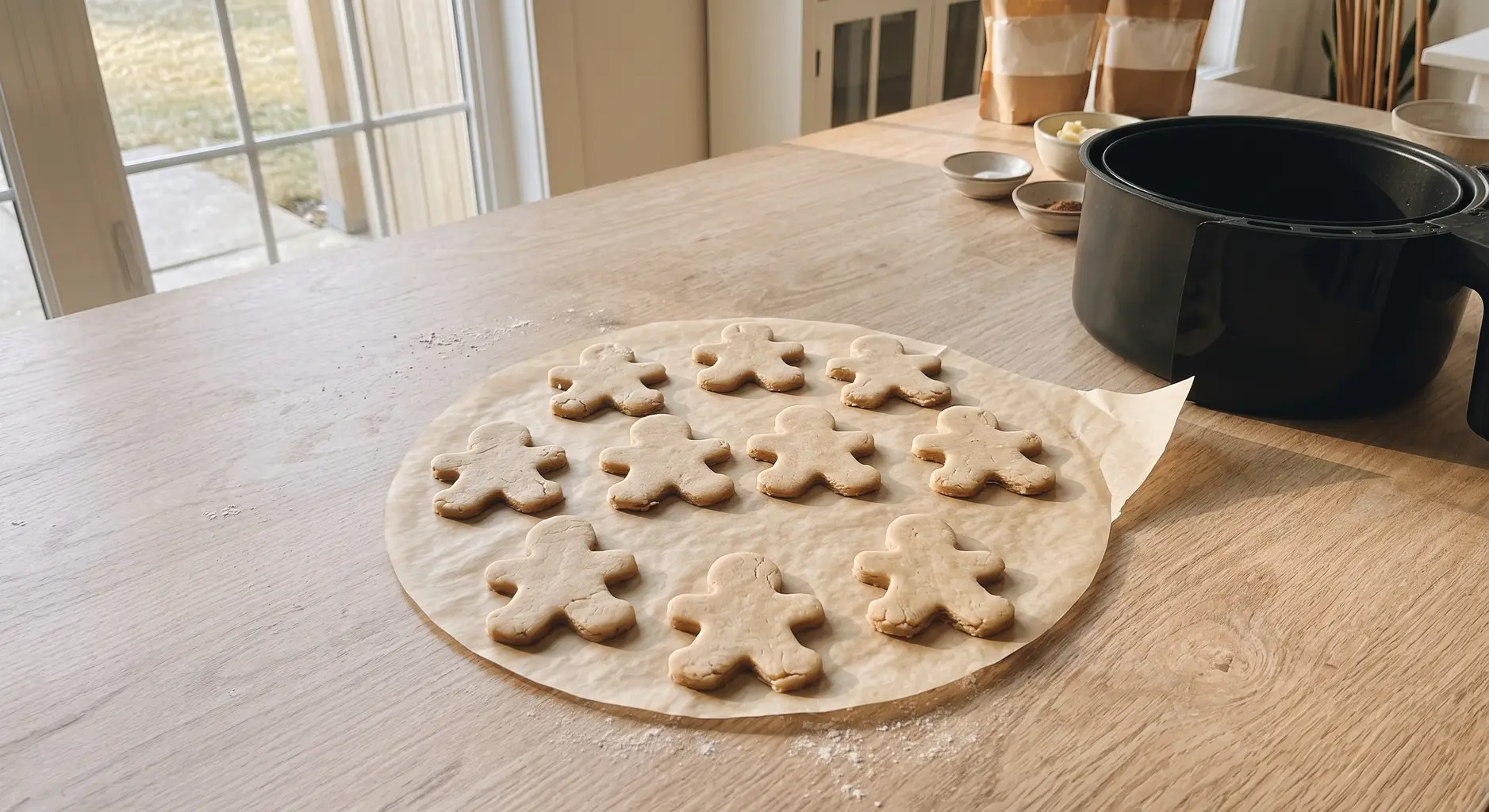 Raw gingerbread men cutouts spaced on a round of parchment beside the air fryer basket