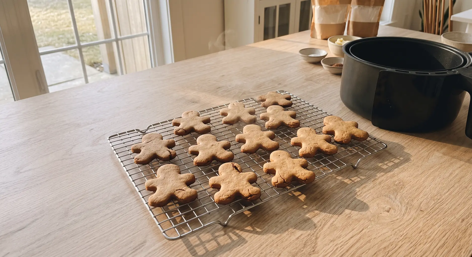 Air fryer gingerbread men cooling on a wire rack