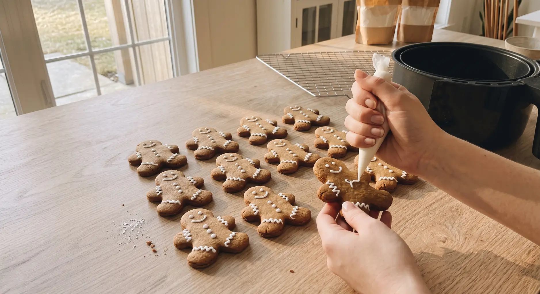 Piping white icing onto cooled air fryer gingerbread men
