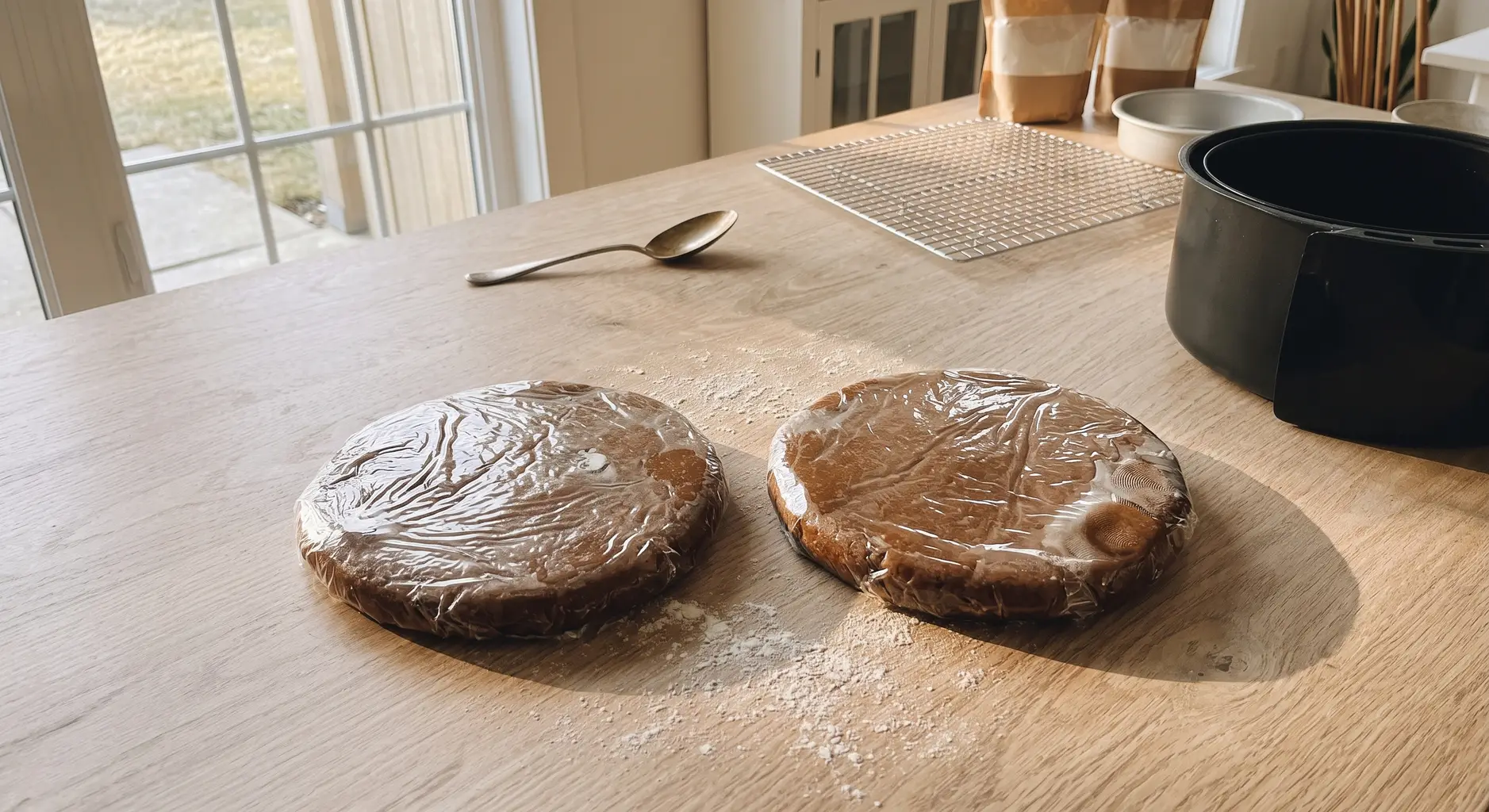 Two flat disks of gingerbread dough wrapped in plastic on a wooden counter