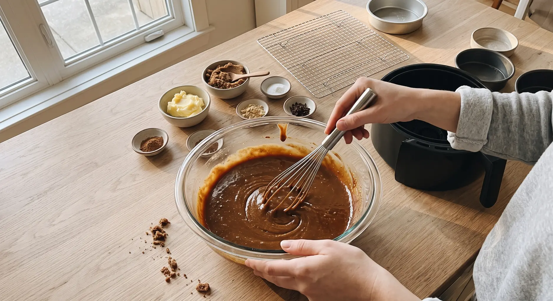 Whisking dark molasses into creamed butter and brown sugar in a glass bowl