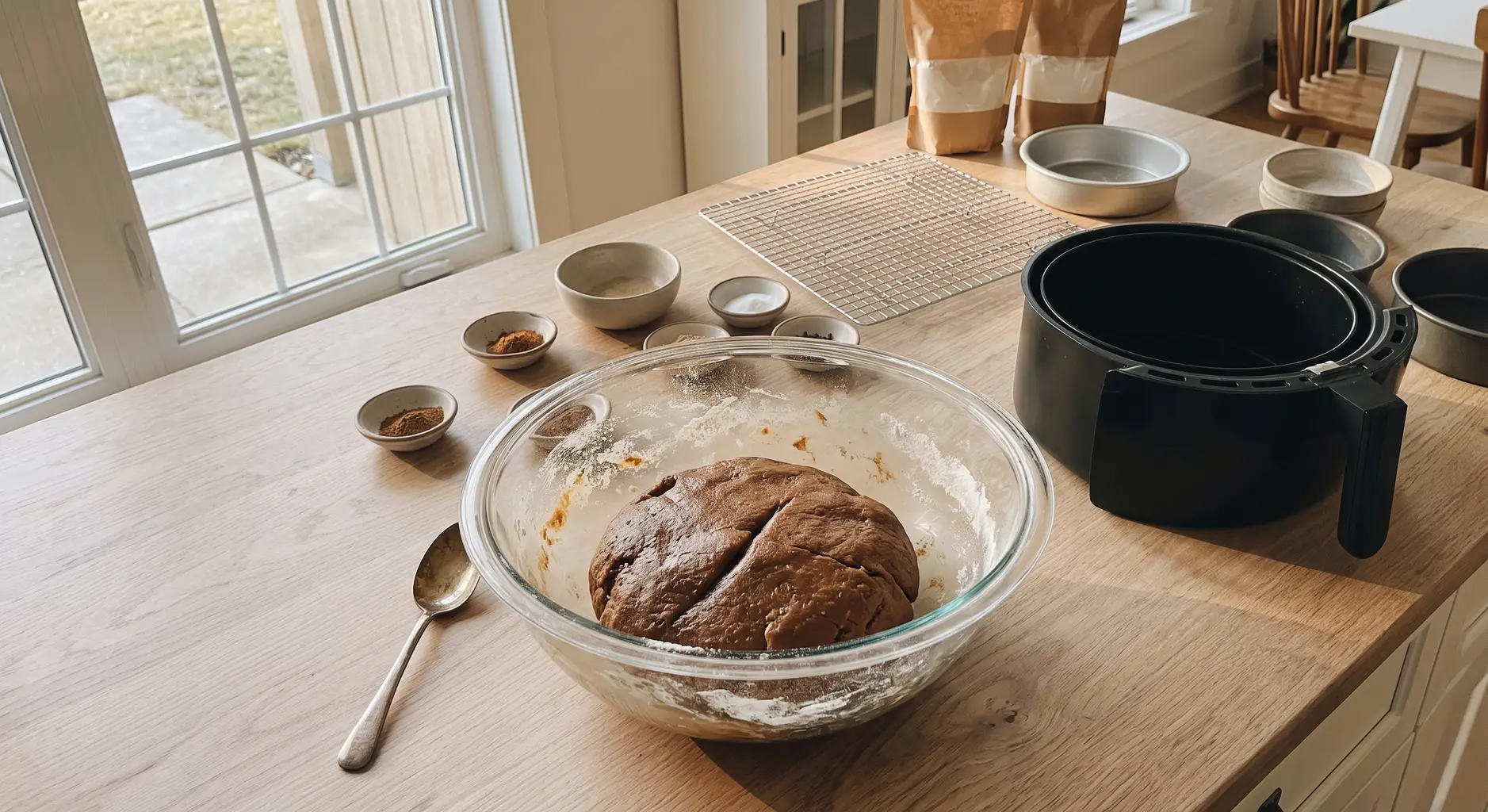 Gingerbread dough gathered in a glass mixing bowl