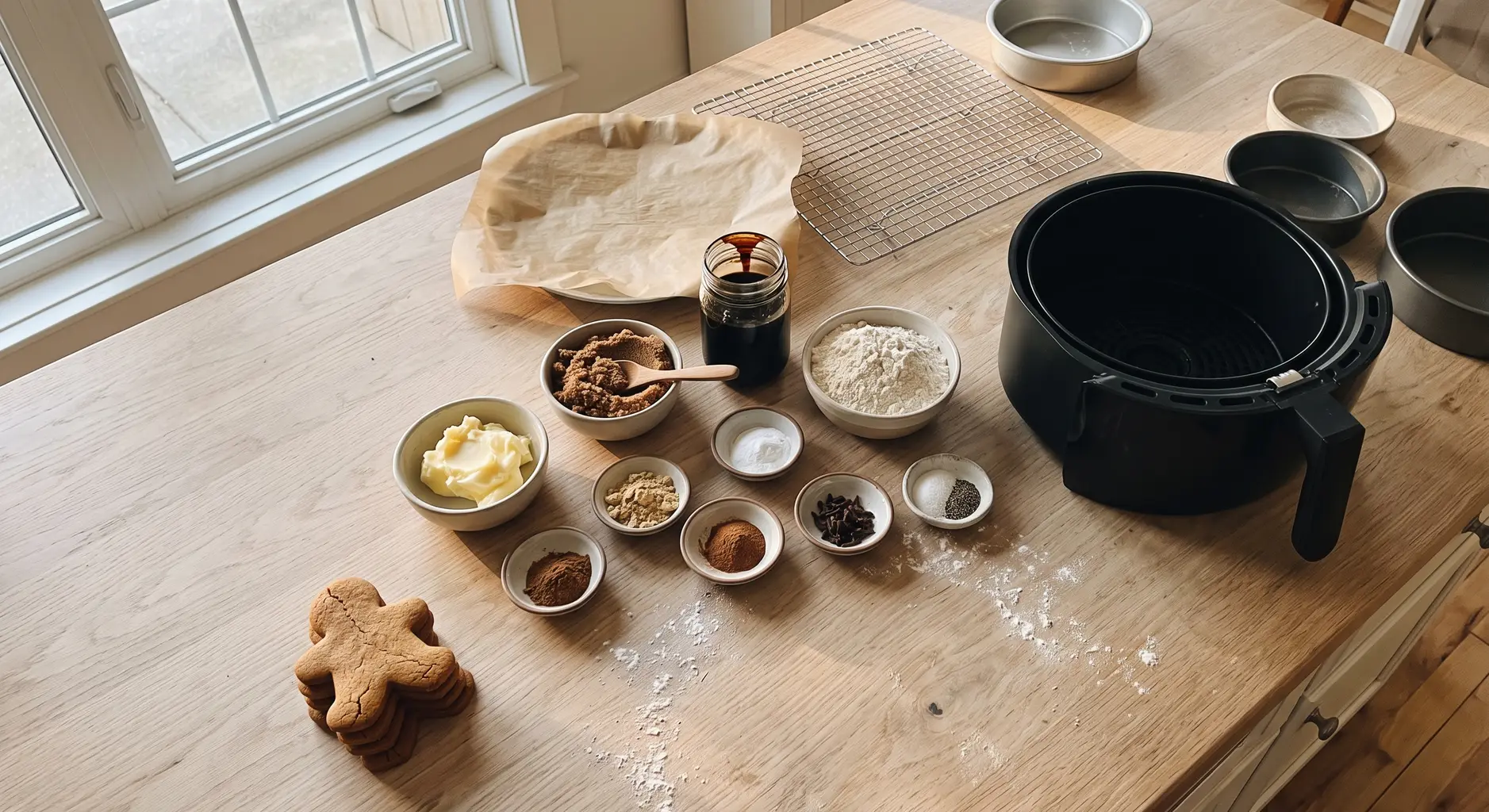Butter, dark brown sugar, molasses, flour and ground spices laid out beside an air fryer