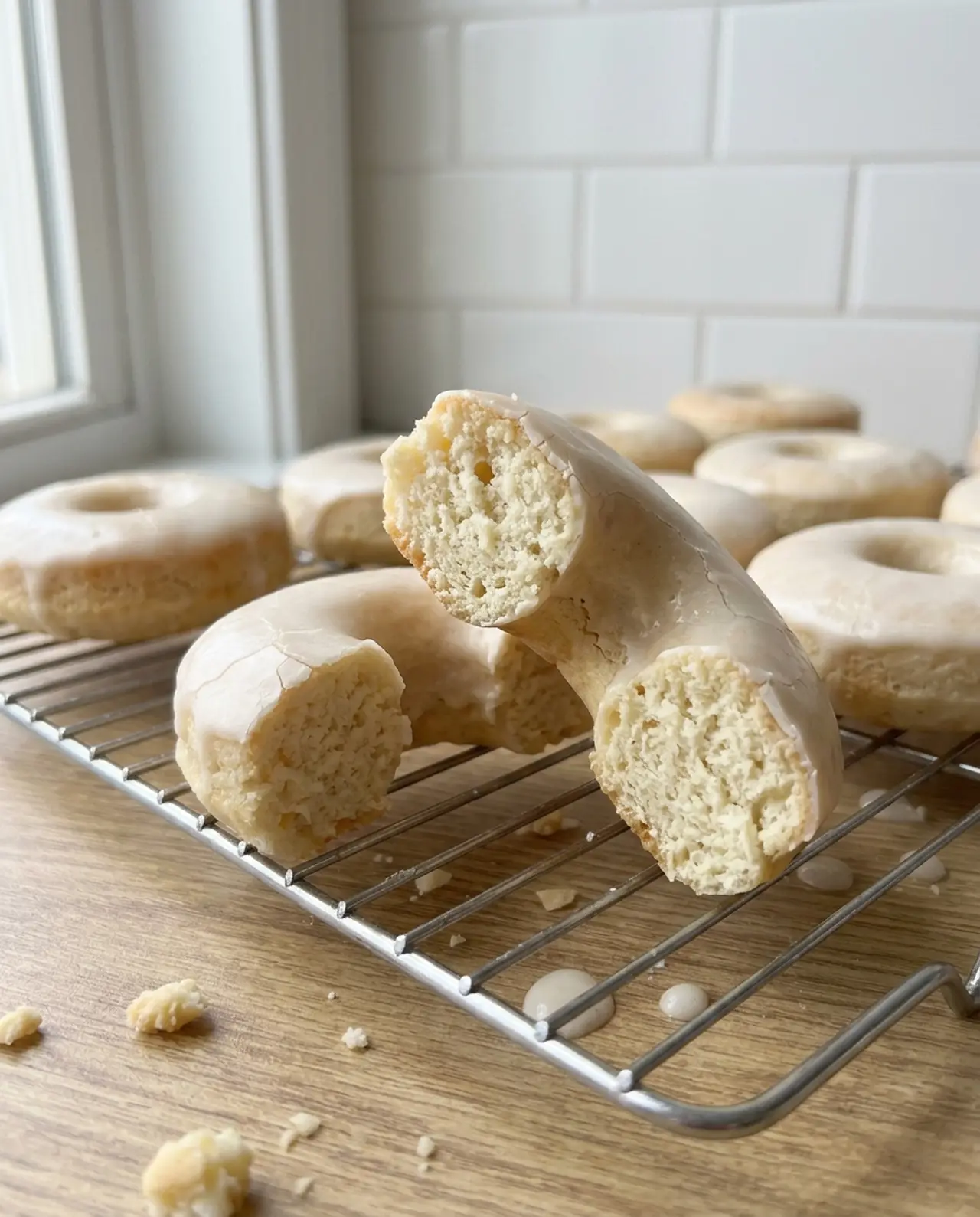Cross-section of a glazed air fryer biscuit donut showing an even cake-like crumb