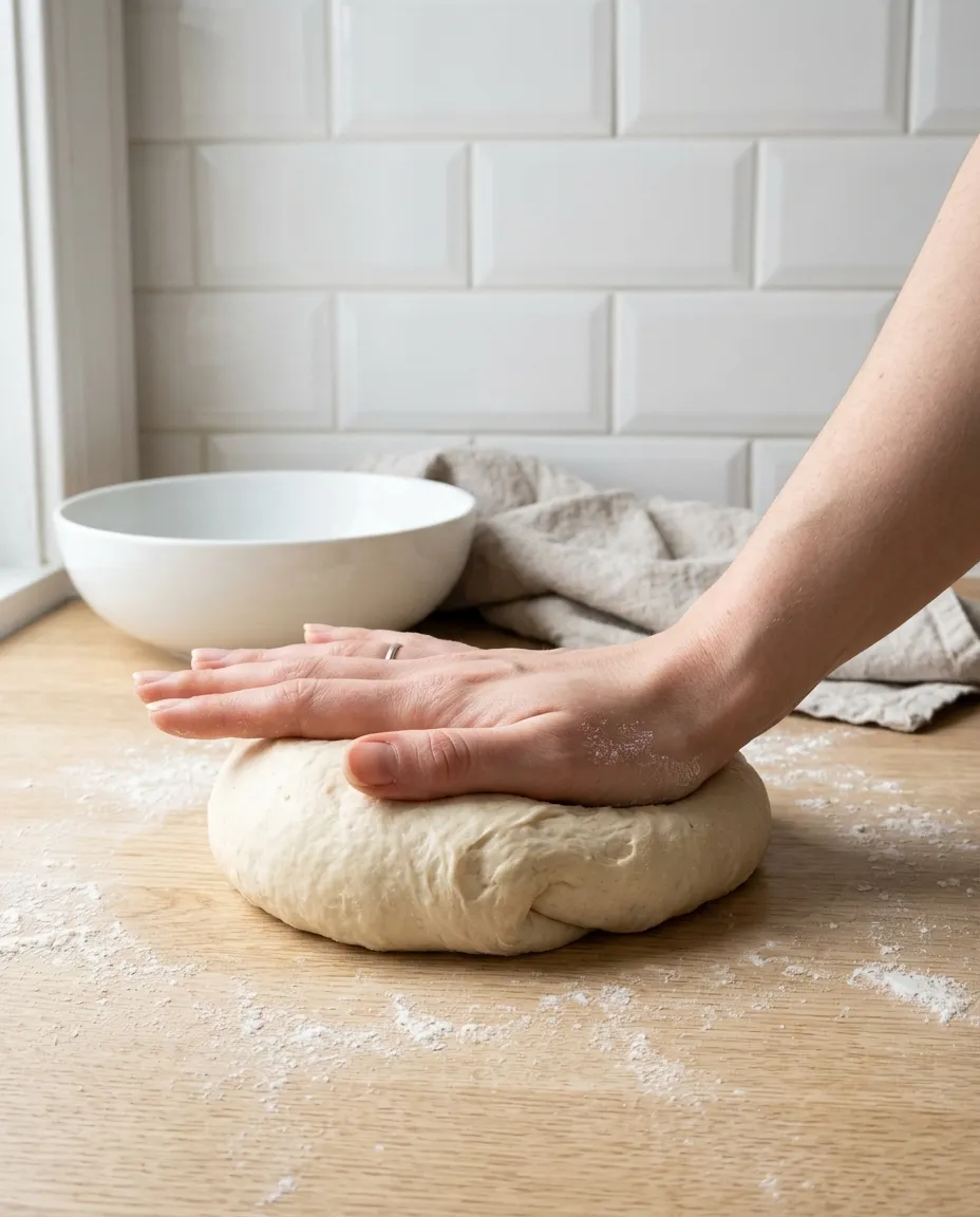 Kneaded enriched donut dough shaped into a smooth round ball on a lightly floured counter
