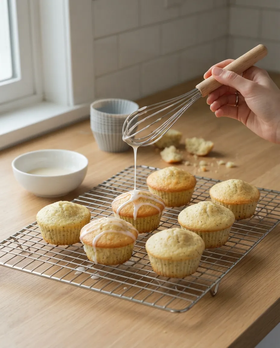 Drizzling white lemon glaze from a whisk over cooled lemon poppy seed muffins on a wire rack