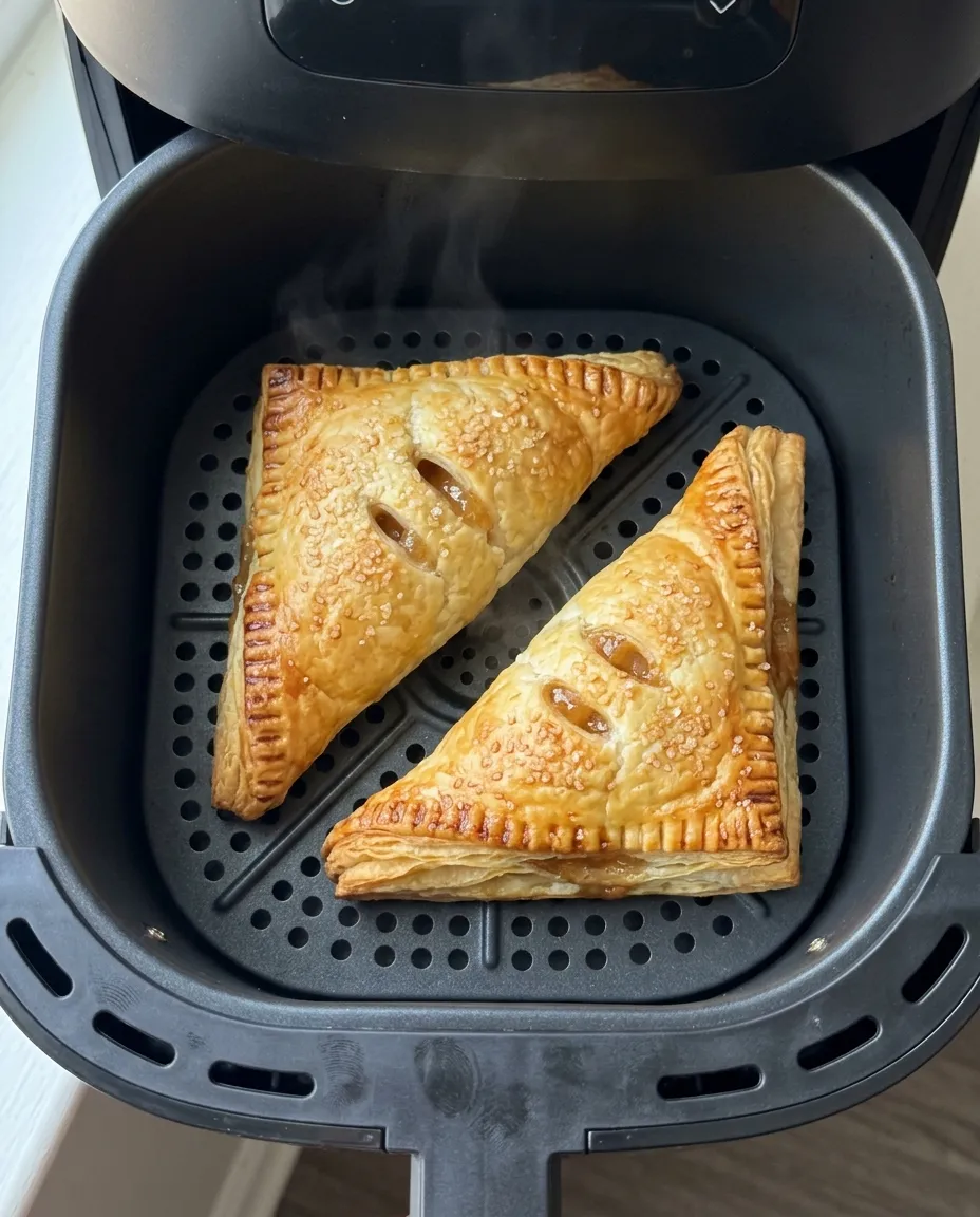 Two deep golden apple turnovers steaming in a bare air fryer basket, vent slits open on top and sugar crust sparkling