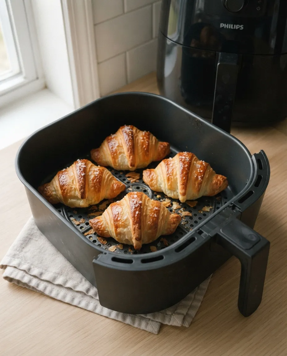 Four golden croissants with bronze ridges and flaky salt in the air fryer basket after baking