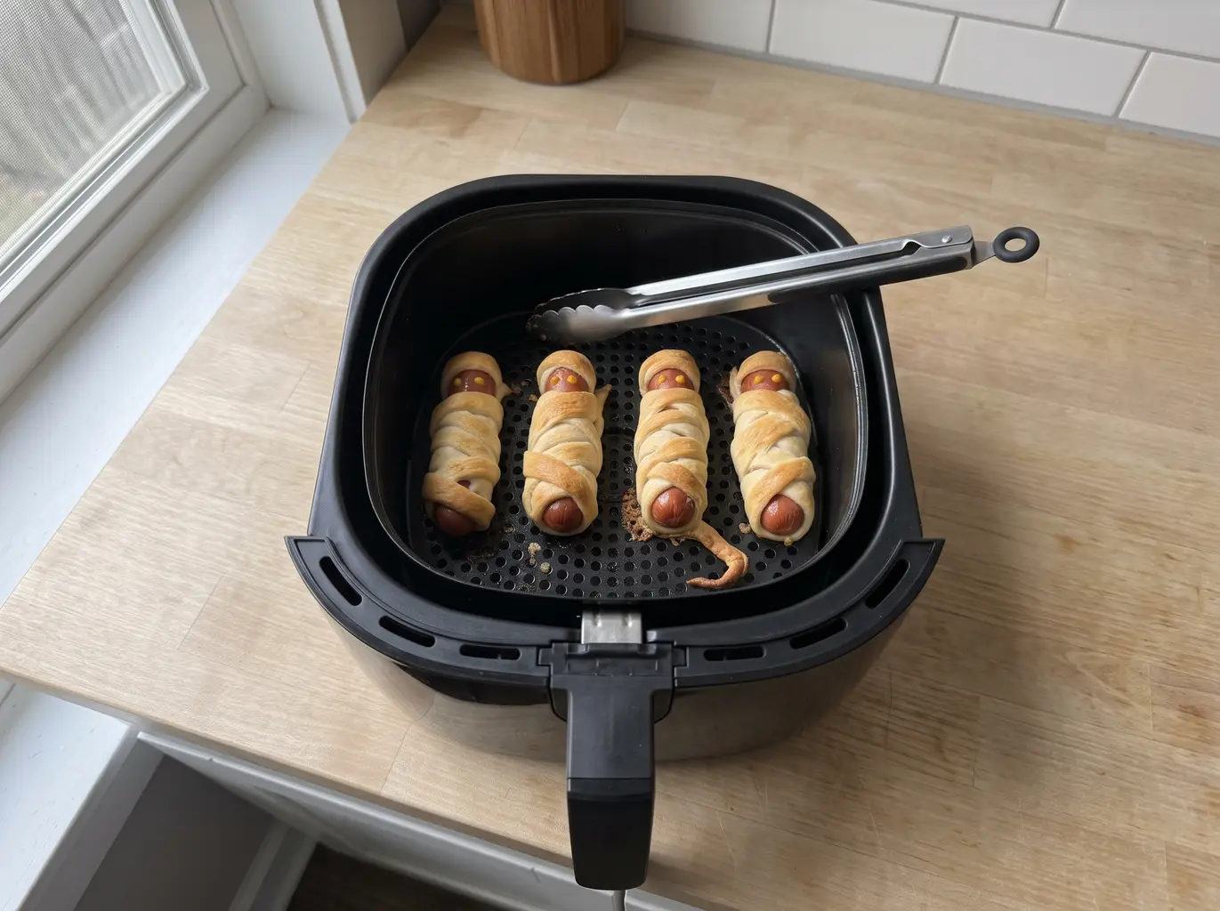 Golden air fryer mummy dogs on a plate with mustard eyes