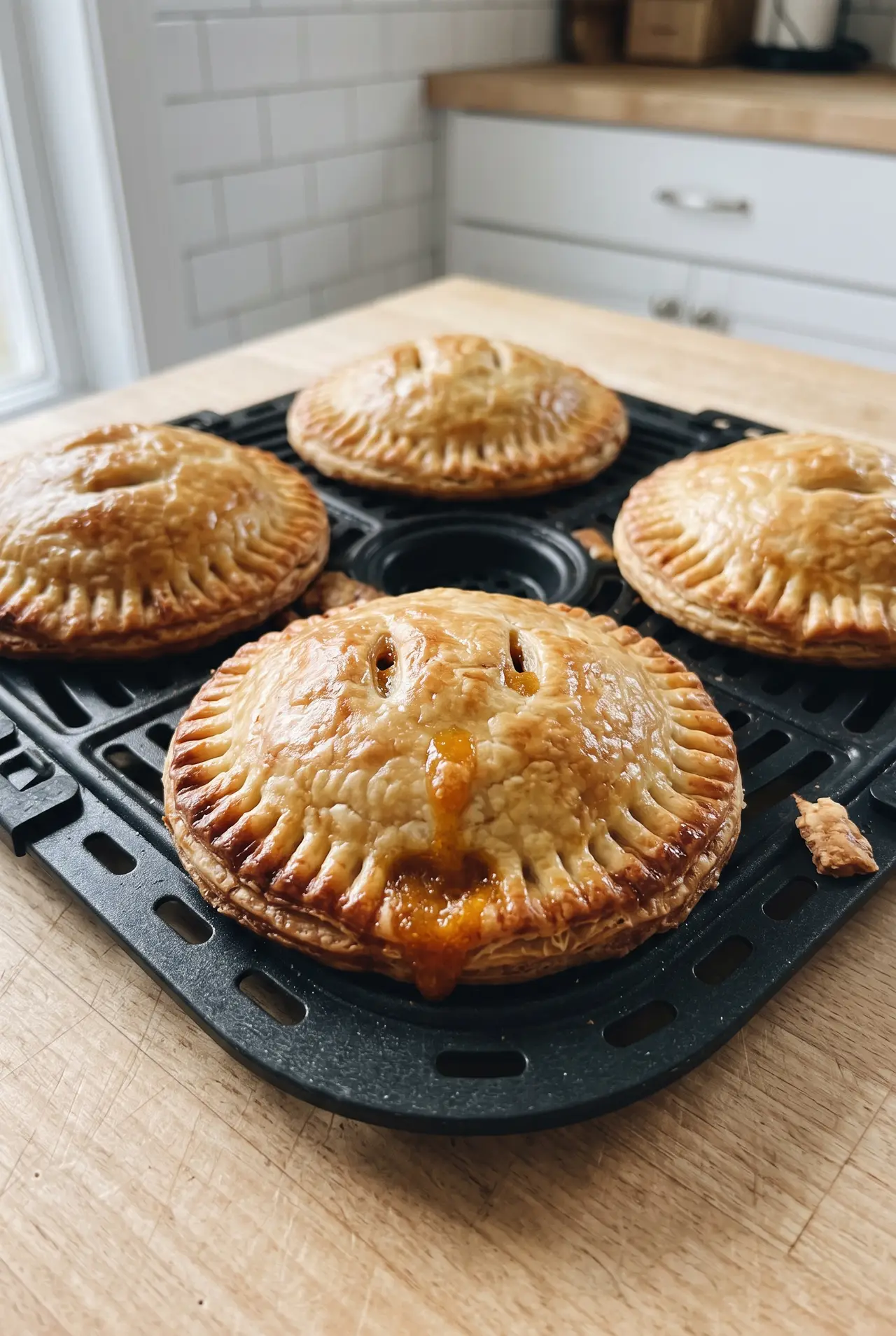 A golden pumpkin hand pie broken open to show the filling