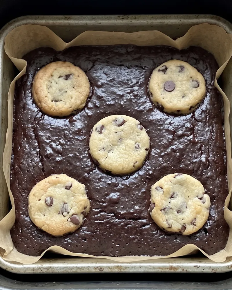 A square pan of brownie batter topped with five flattened rounds of chocolate chip cookie dough, spaced apart