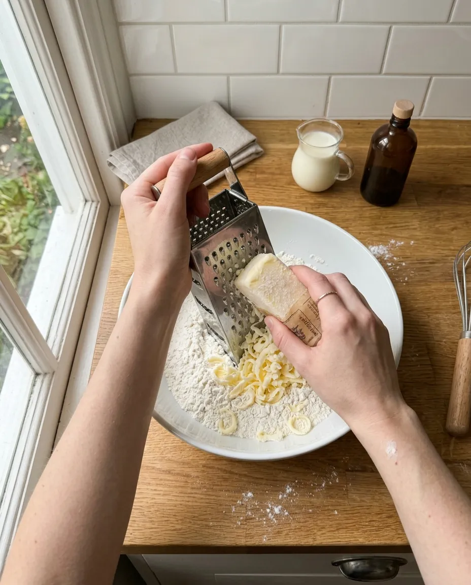 Grating a frozen stick of butter on a box grater straight into a bowl of flour