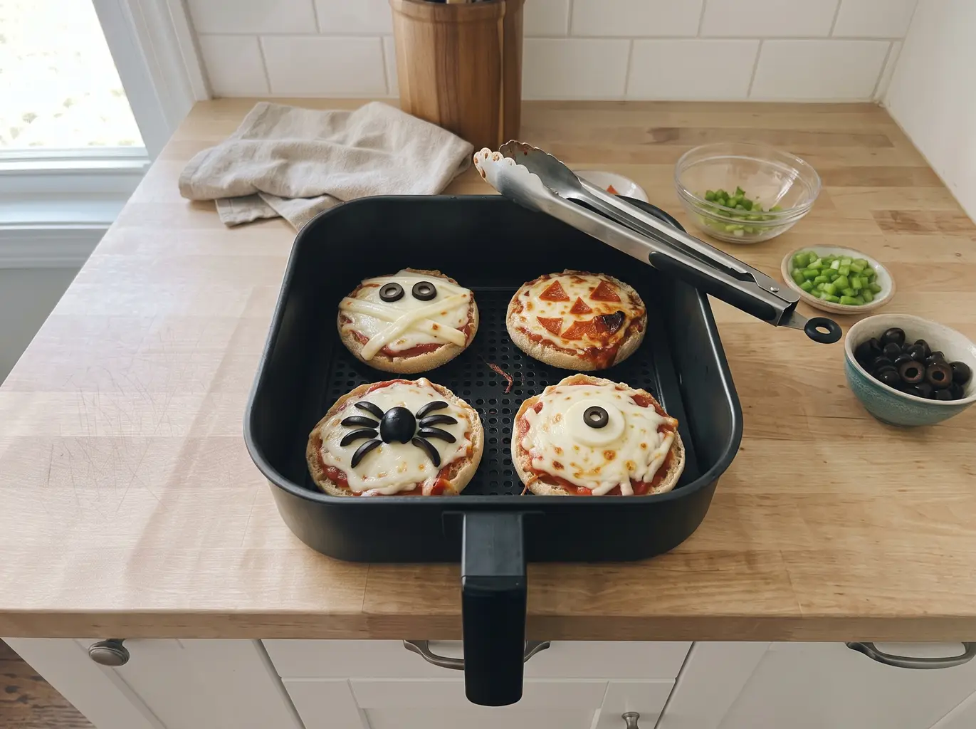 Air fryer Halloween mini pizzas with faces