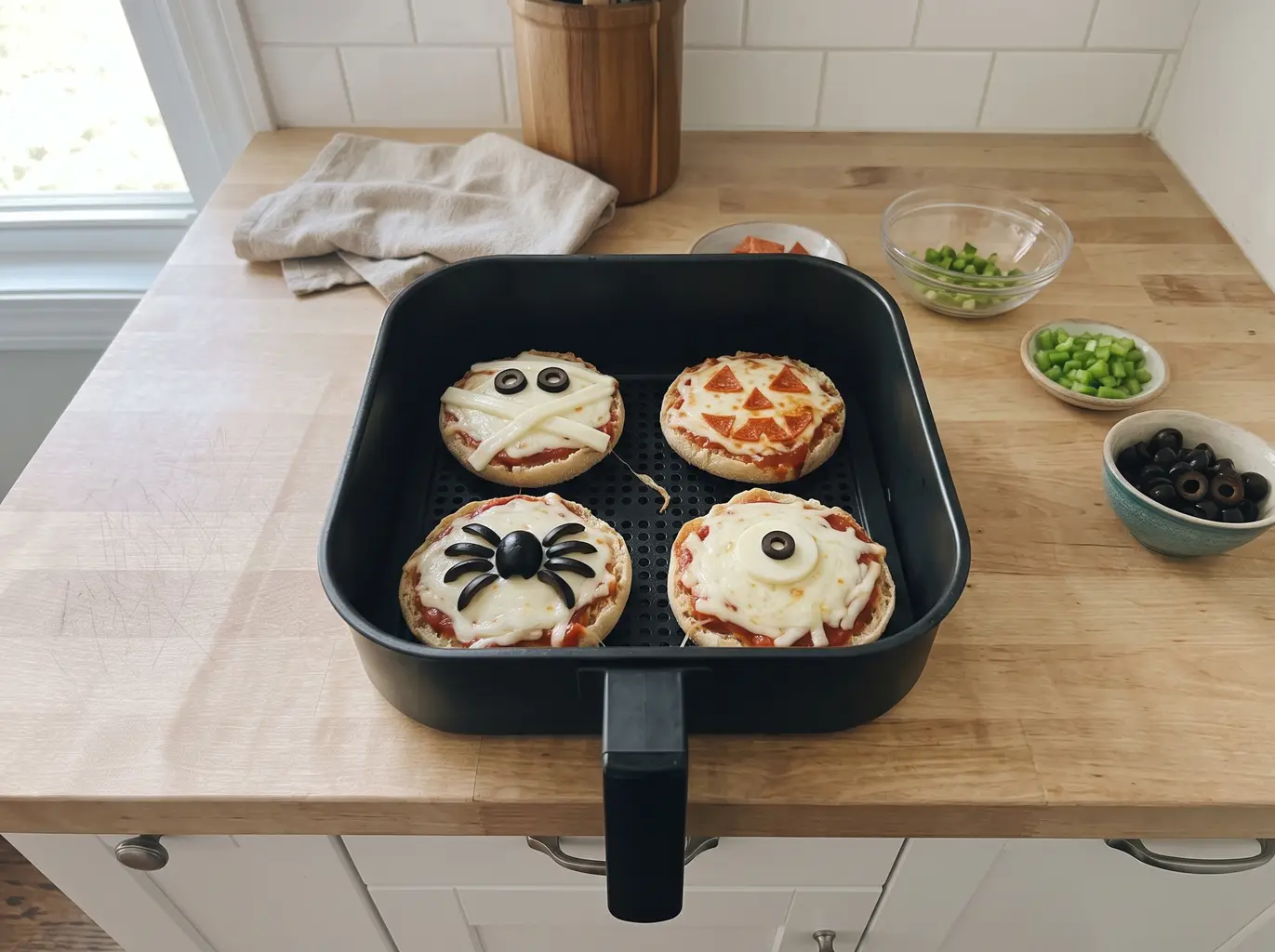 Halloween mini pizzas with spooky faces in the air fryer basket