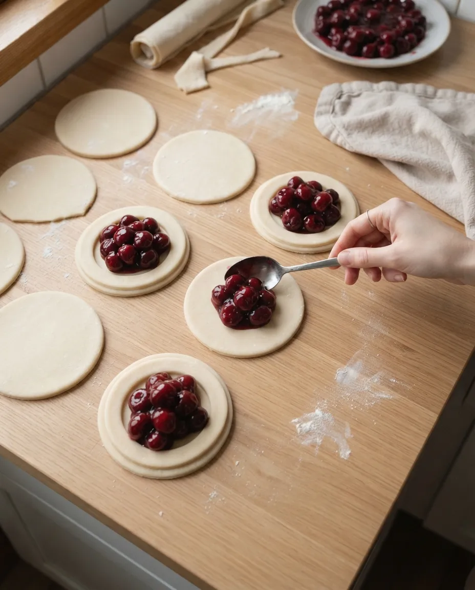 Spooning cherry filling onto rounds of refrigerated pie crust