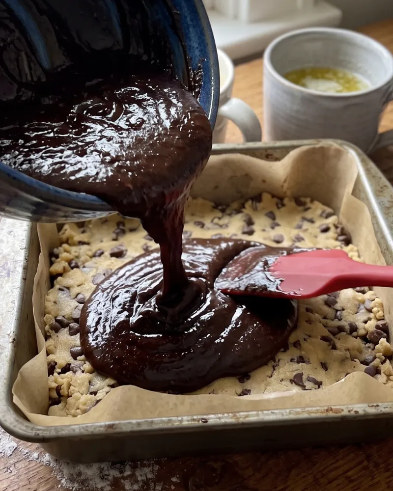 Glossy brownie batter being poured from a blue bowl over a pressed cookie dough base in a parchment-lined pan