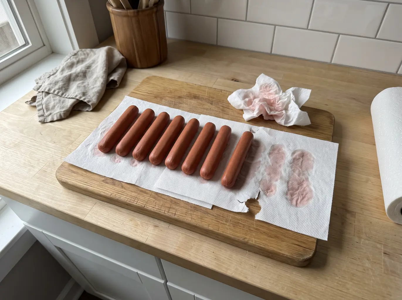 Patting hot dogs dry with paper towels