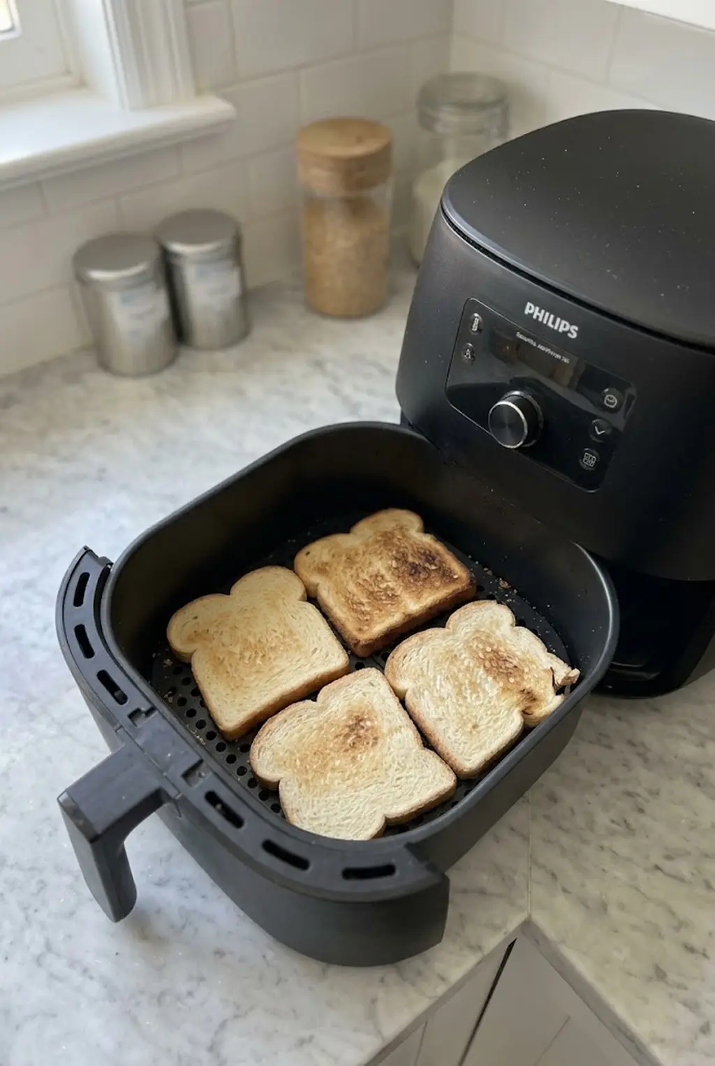 Four slices of white bread toasted unevenly in an air fryer basket, some much darker than others