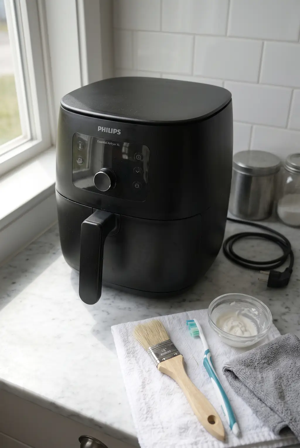 A Philips air fryer on a marble counter with a paintbrush, toothbrush, microfiber cloth and a bowl of baking soda paste on a towel
