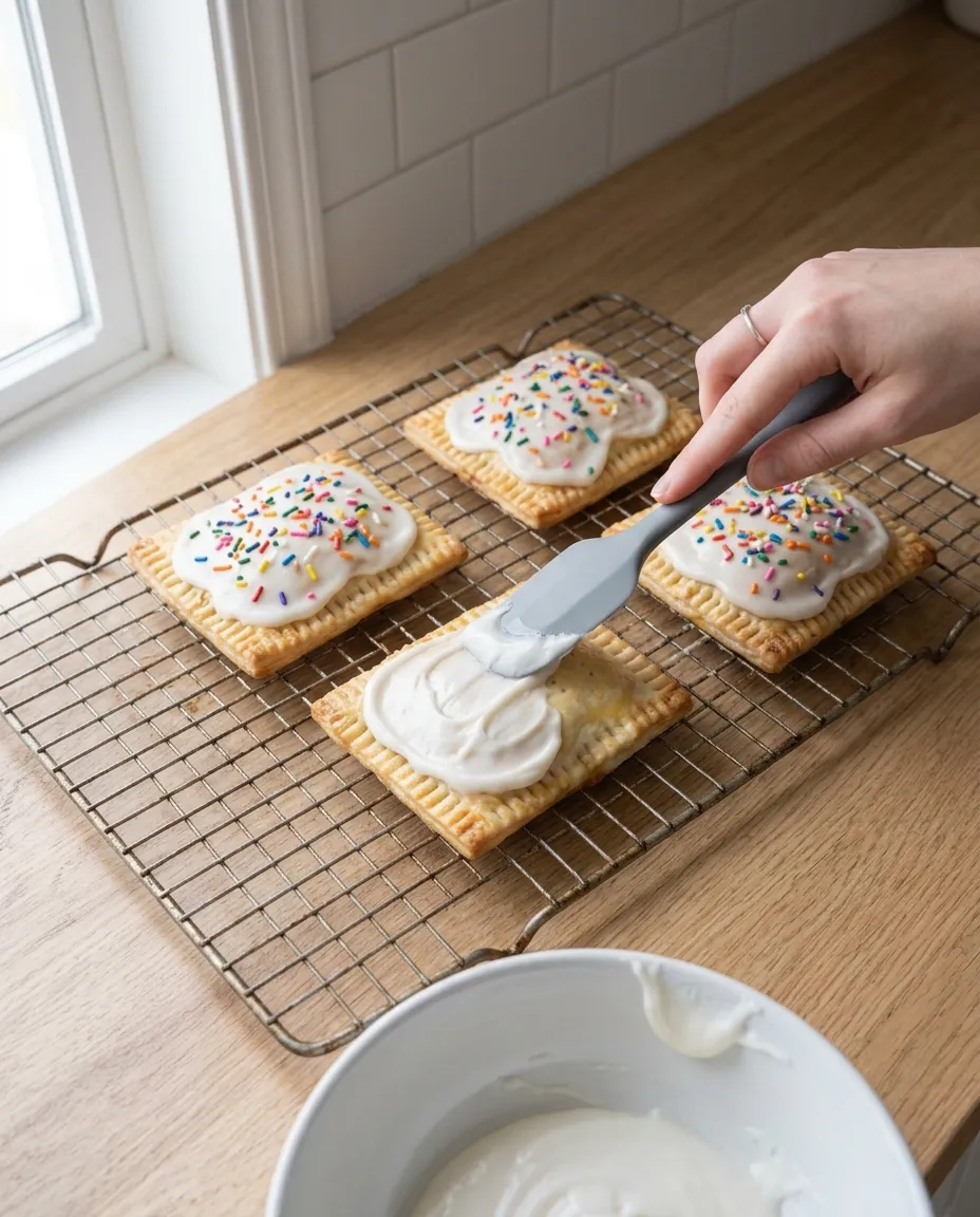 A small spatula spreading thick white icing across a cooled pop tart on a wire rack, two already iced and covered in rainbow sprinkles nearby
