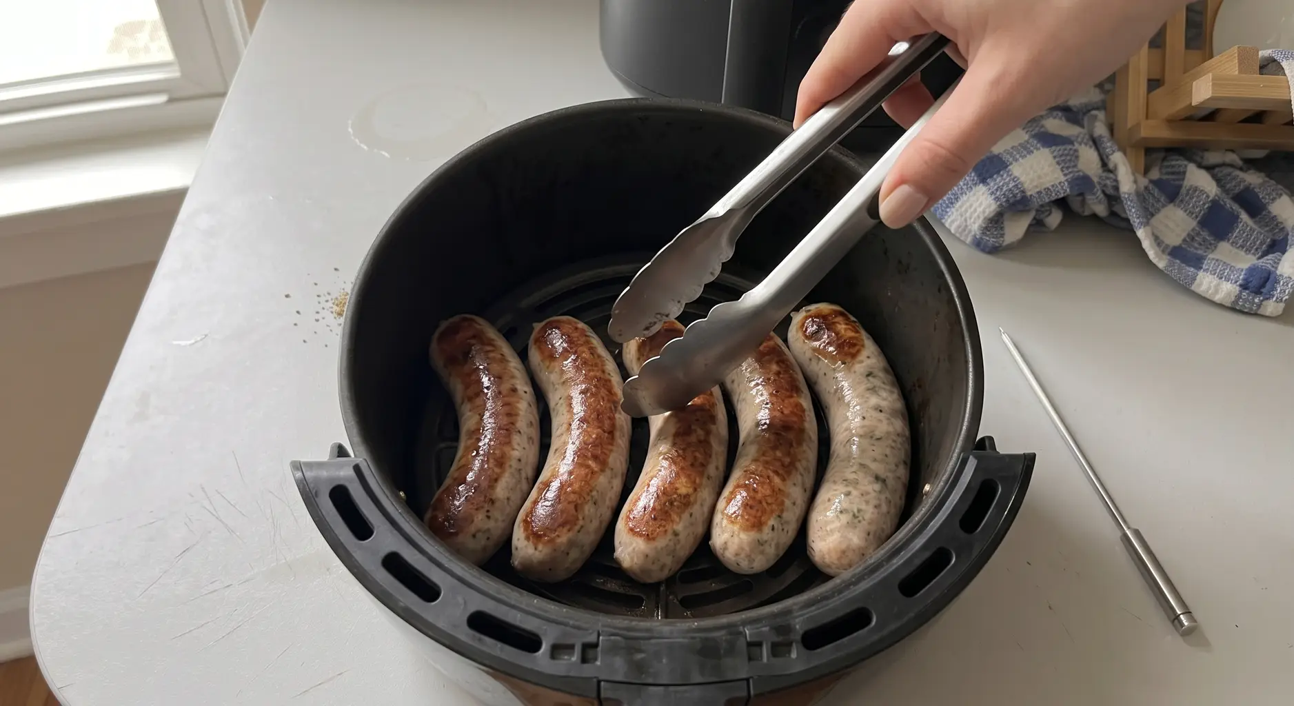 Italian sausage links being turned with tongs in an air fryer basket at the halfway mark