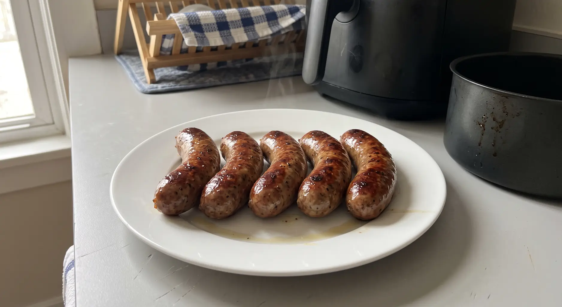 Air fryer Italian sausage links plated with roasted peppers and onions