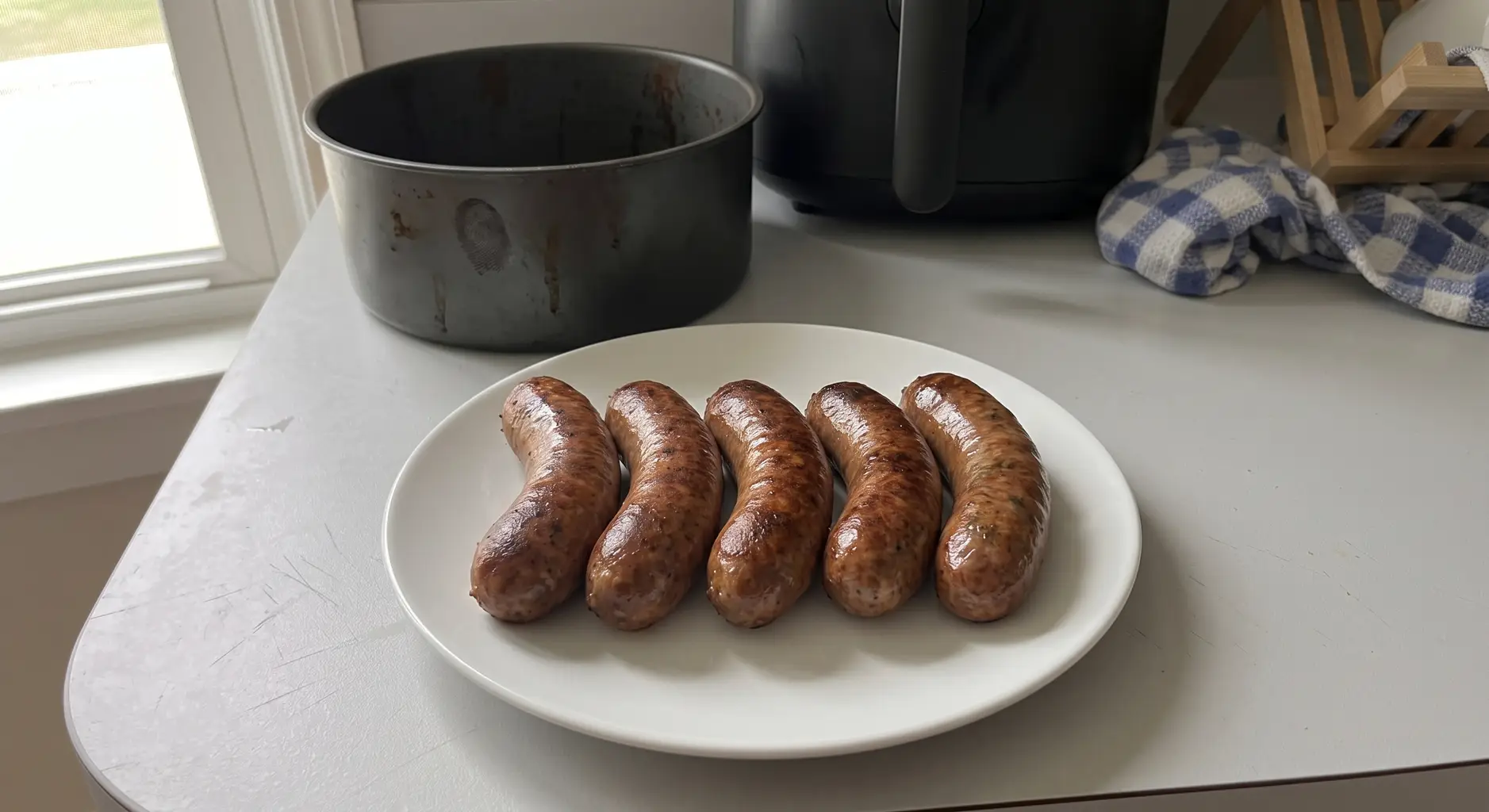 Cooked Italian sausage links resting on a plate after air frying