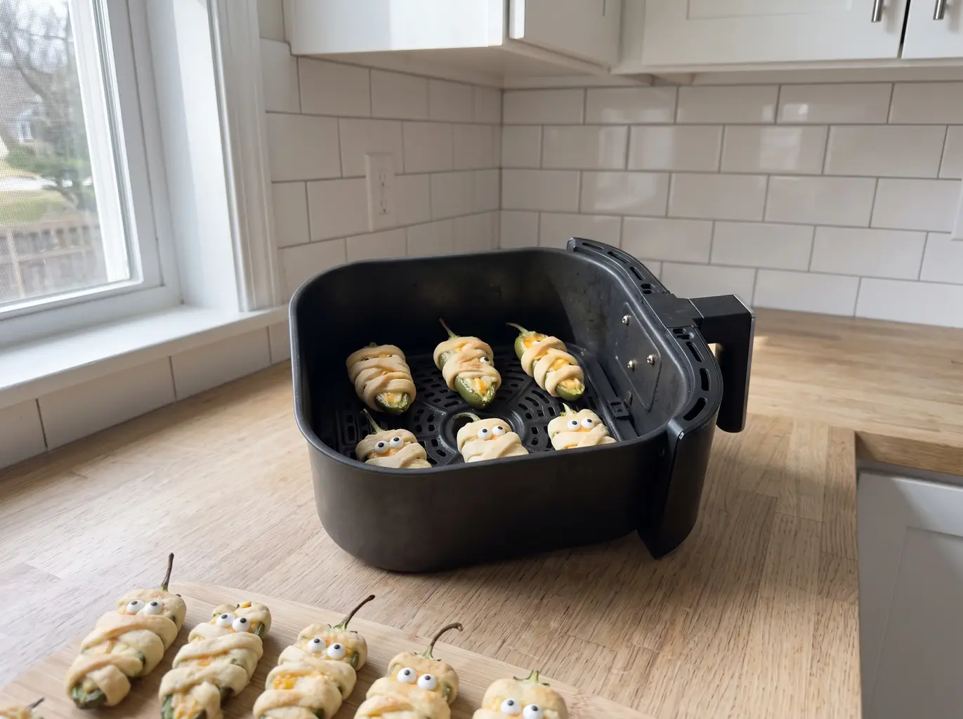 Mummy jalapeno poppers in the air fryer basket