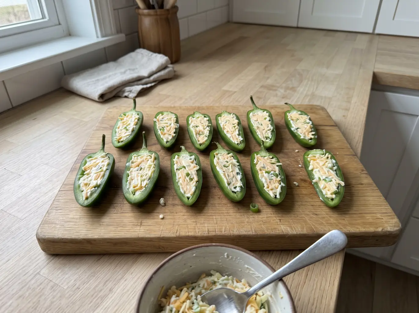 Jalapeno halves filled level with cream cheese and cheddar
