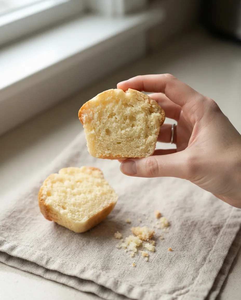 A hand holding half of a split muffin showing a moist, fully set crumb