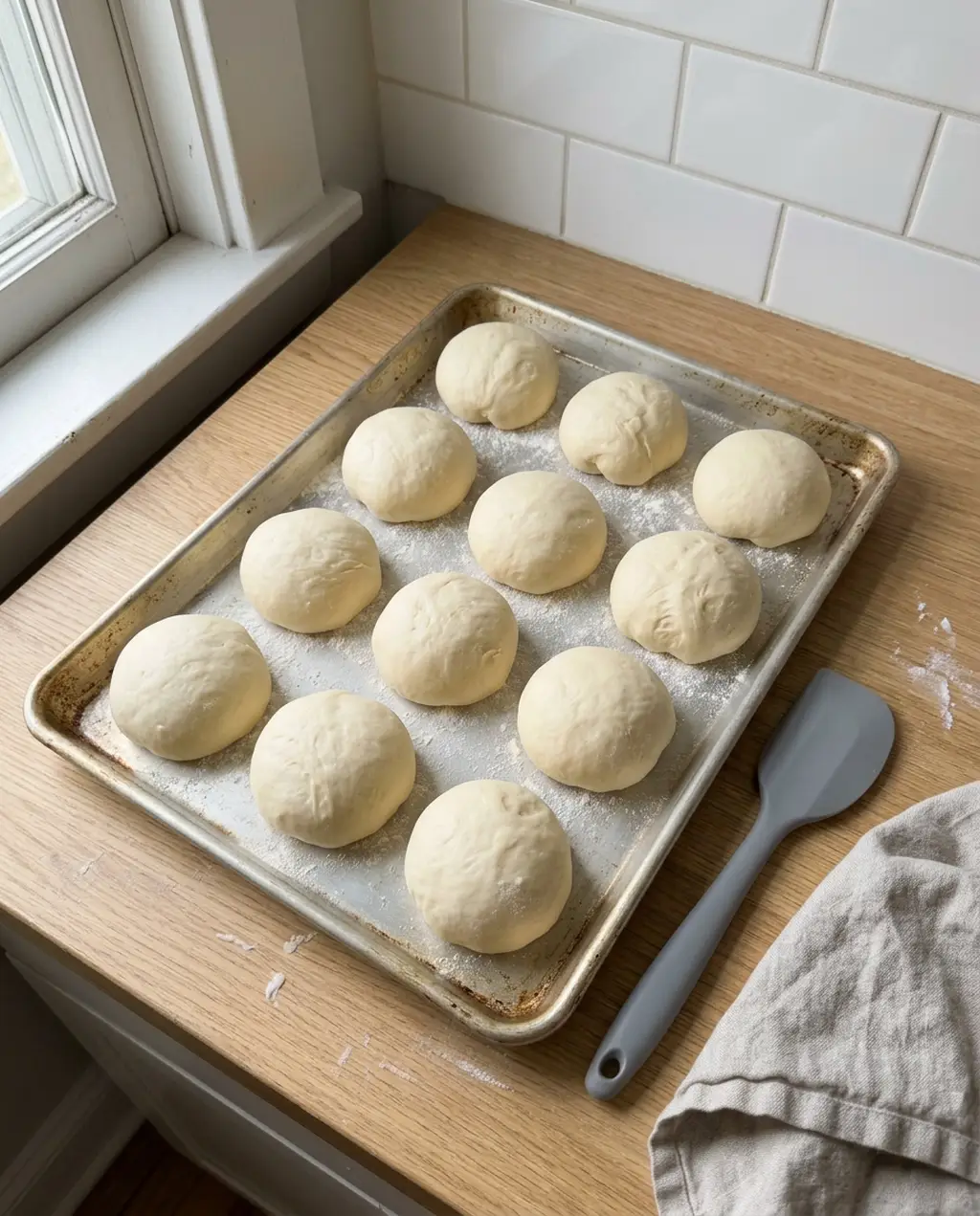 Twelve risen balls of kolache dough spaced out on a floured baking tray