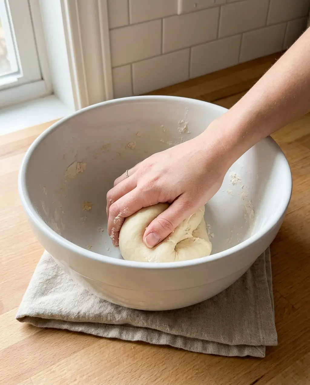 Kneading soft kolache dough by hand inside a large white mixing bowl