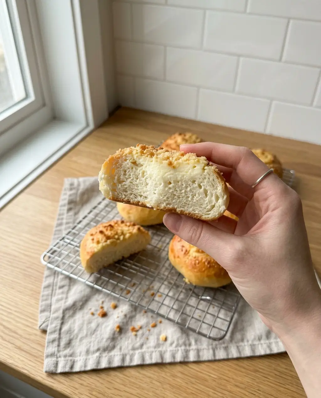 A baked kolache torn open to show a soft white crumb under a set layer of sweet cheese and toasted posypka