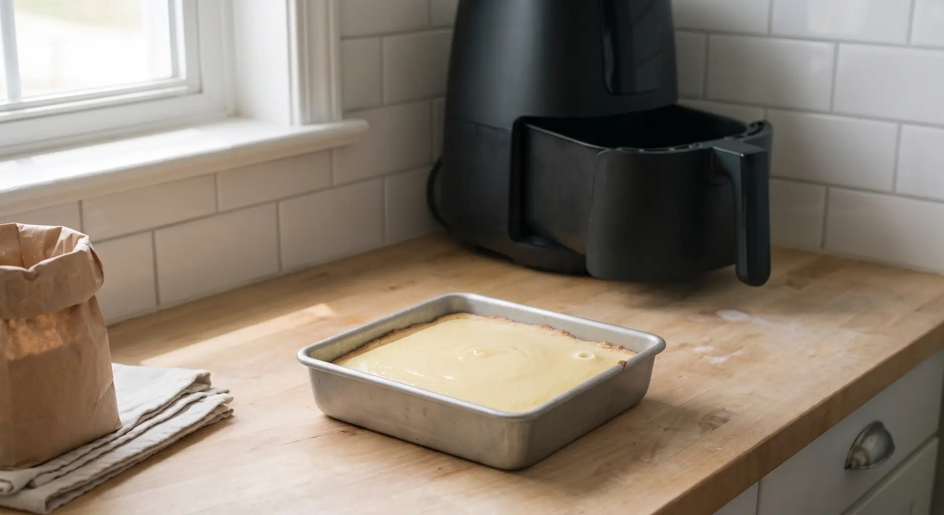 A pan of baked lemon bars with a matte, evenly set surface resting on the counter beside an air fryer
