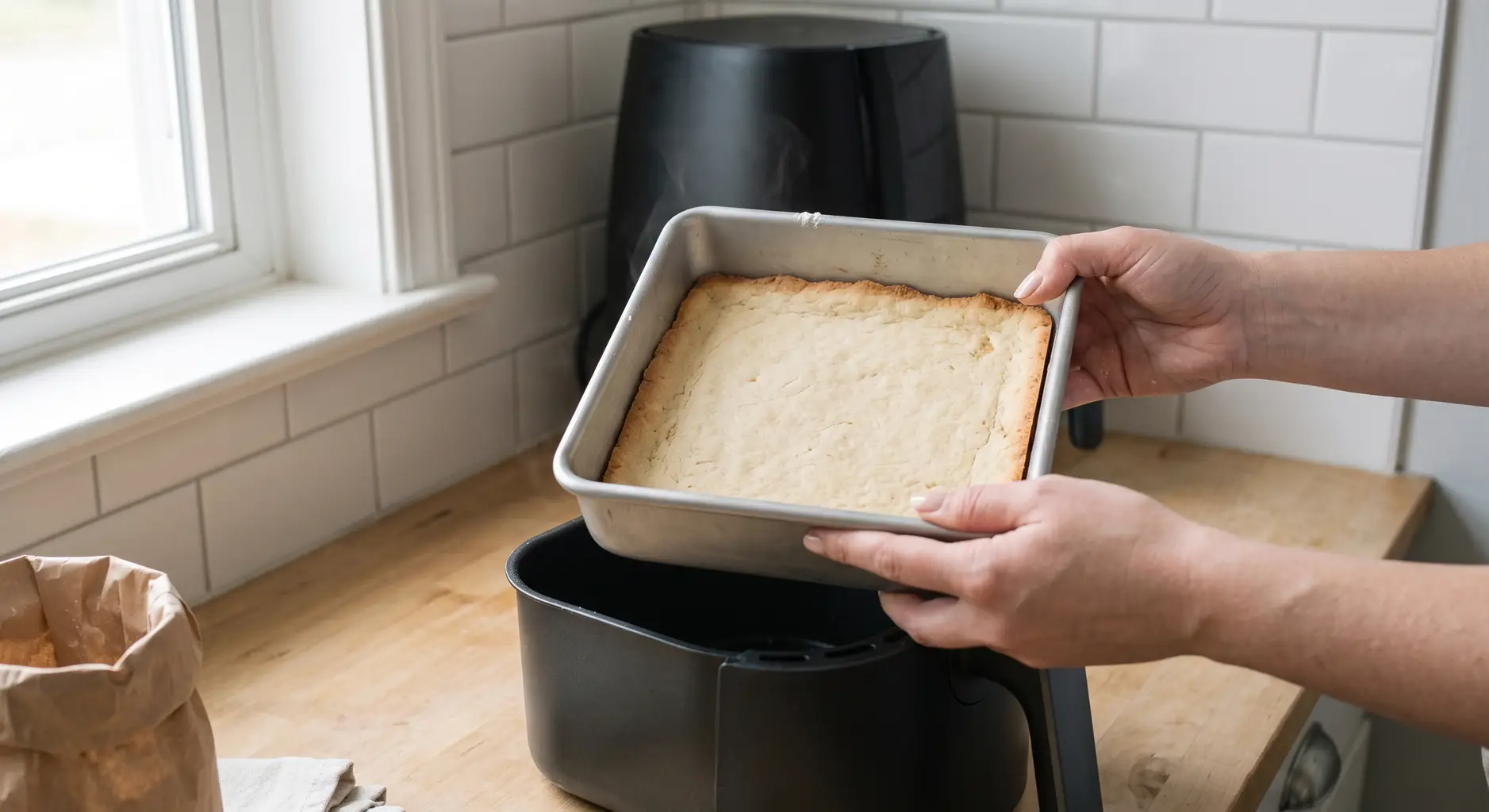A par-baked shortbread crust with golden edges being lifted from an air fryer basket