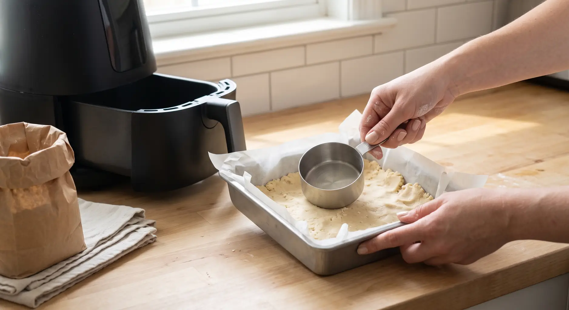 A hand pressing shortbread crust crumbs flat into a parchment-slung square pan with the base of a measuring cup