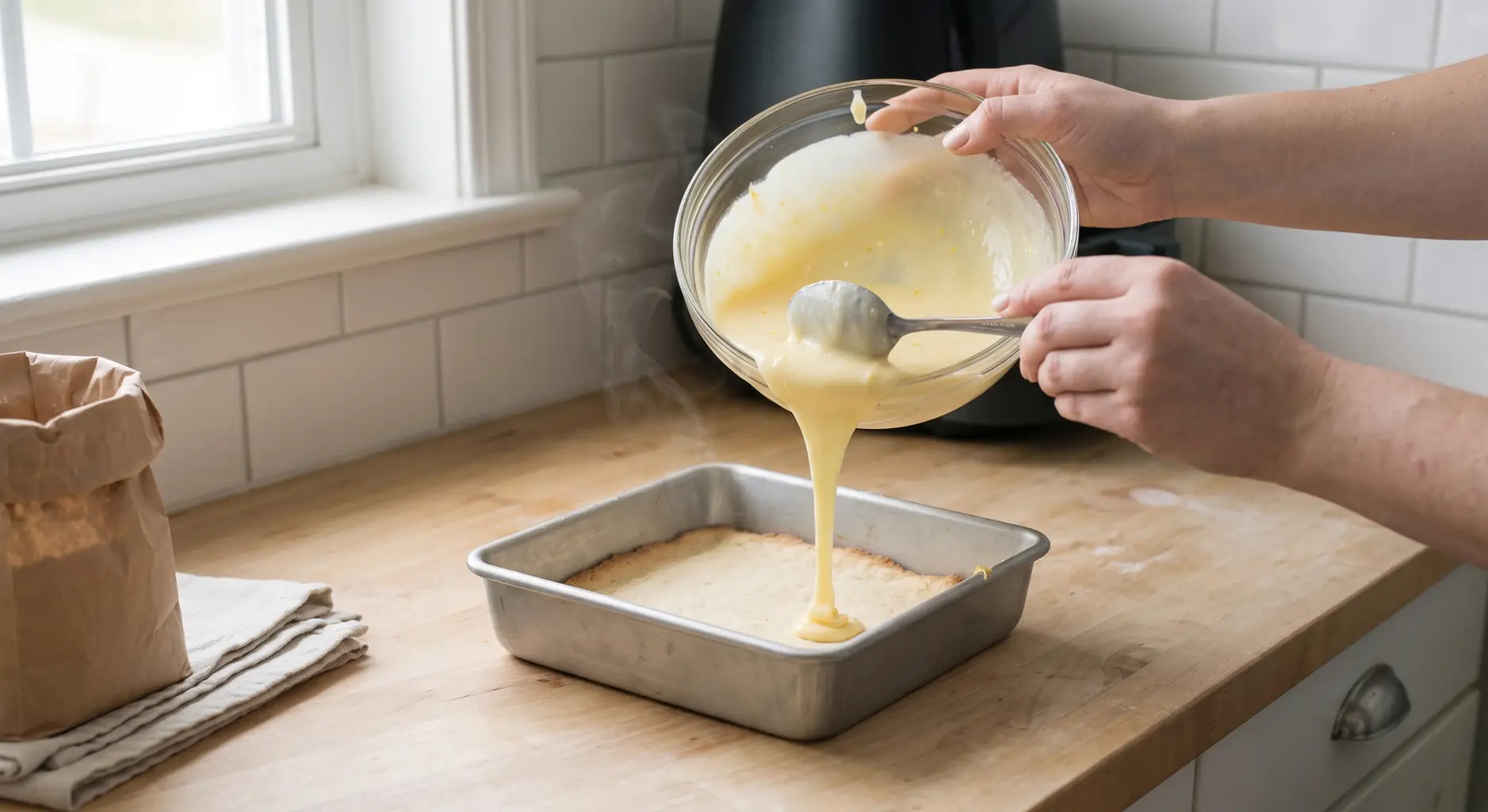Lemon filling poured over the back of a spoon onto a hot par-baked shortbread crust, steam rising from the pan