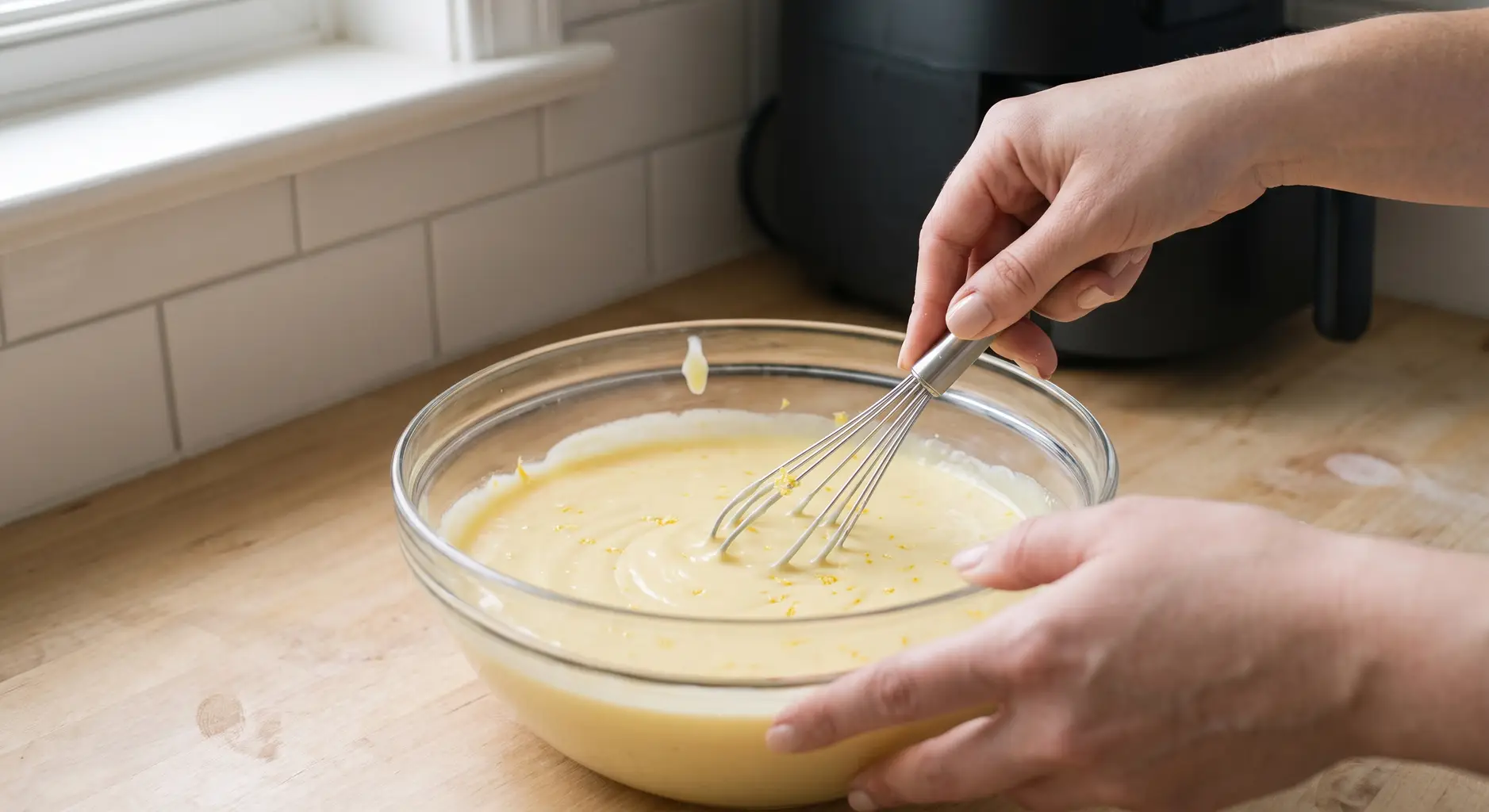 Lemon filling being whisked smooth in a glass bowl, flecked with lemon zest