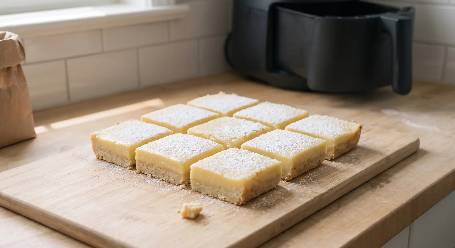 Nine air fryer lemon bars cut into squares on a wooden board, dusted with powdered sugar over a pale shortbread crust