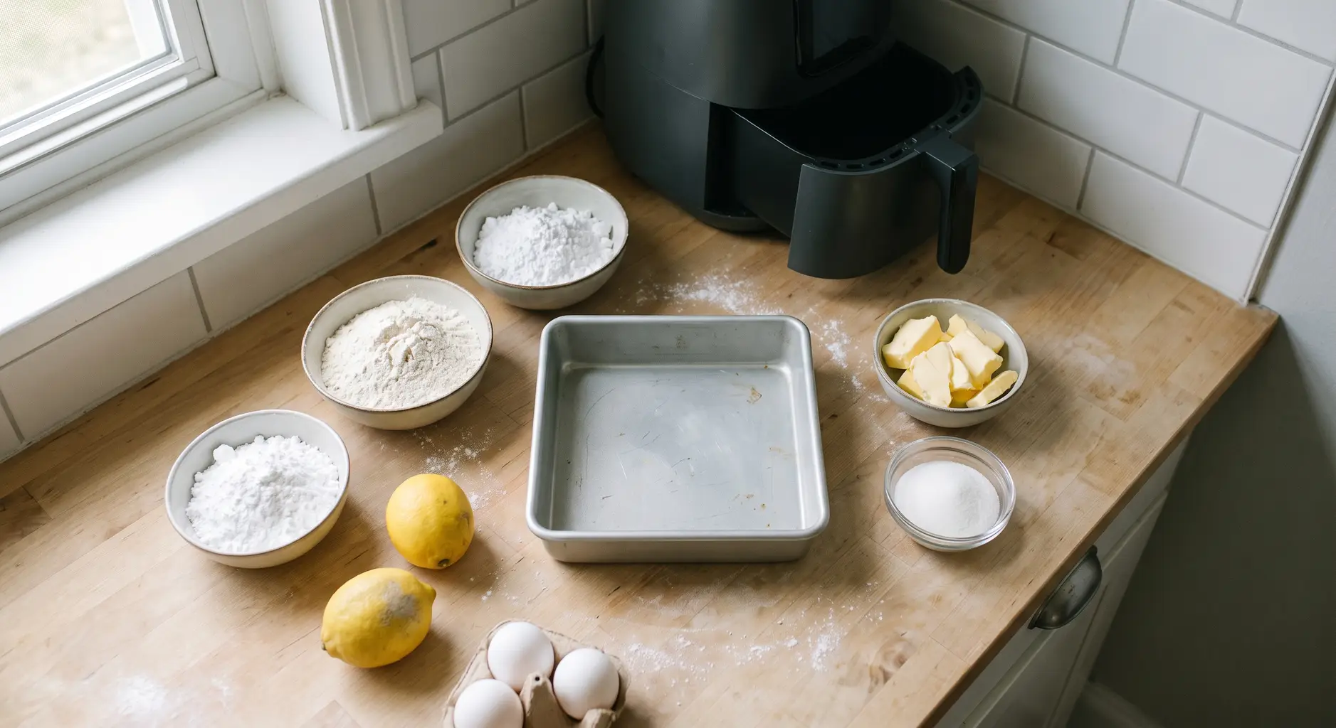 Lemon bar ingredients on a wooden counter: flour, powdered sugar, granulated sugar, butter, eggs, two lemons and a square pan