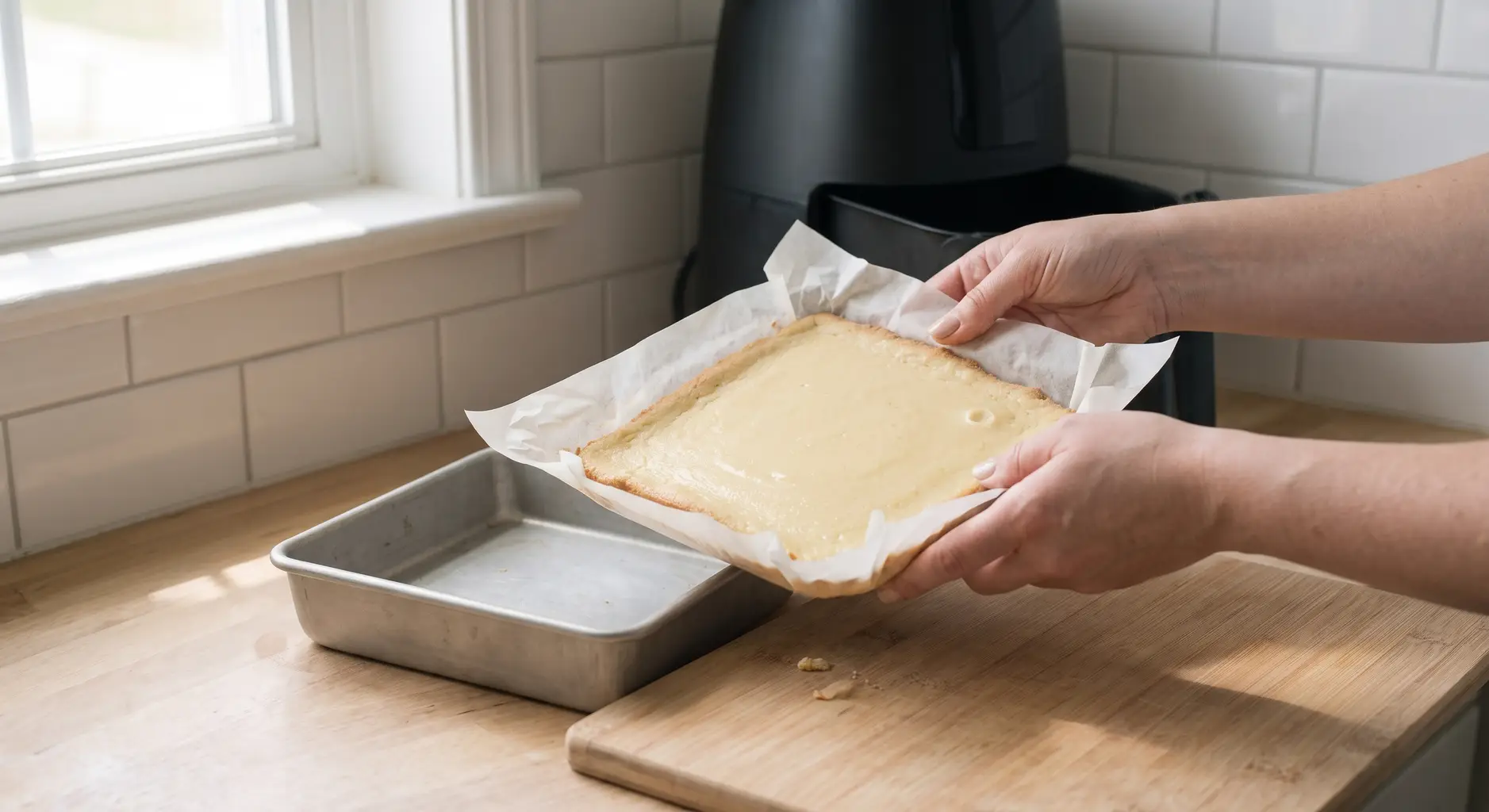 A chilled slab of lemon bars lifted clear of the pan by its overhanging parchment sling