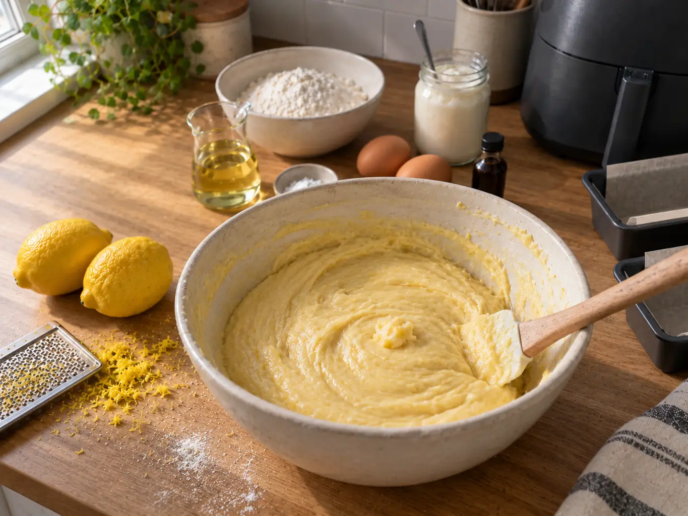 A spatula folding thick pale yellow lemon bread batter in a large ceramic bowl beside flour, oil and lemons