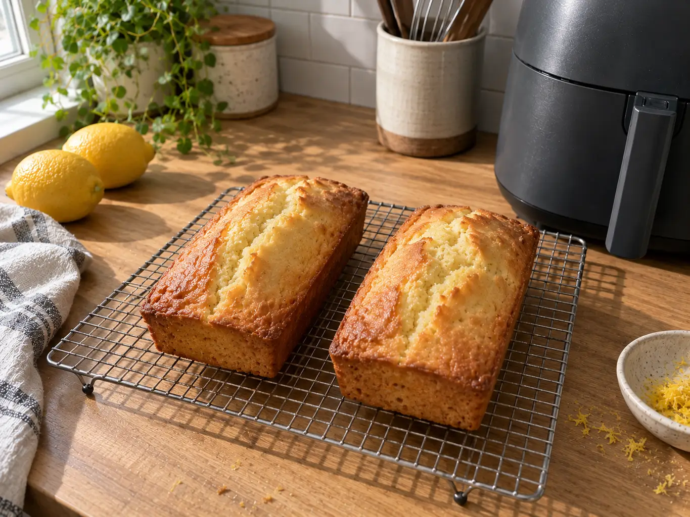 Two bare unglazed lemon loaves cooling on a wire rack beside lemons and a bowl of zest