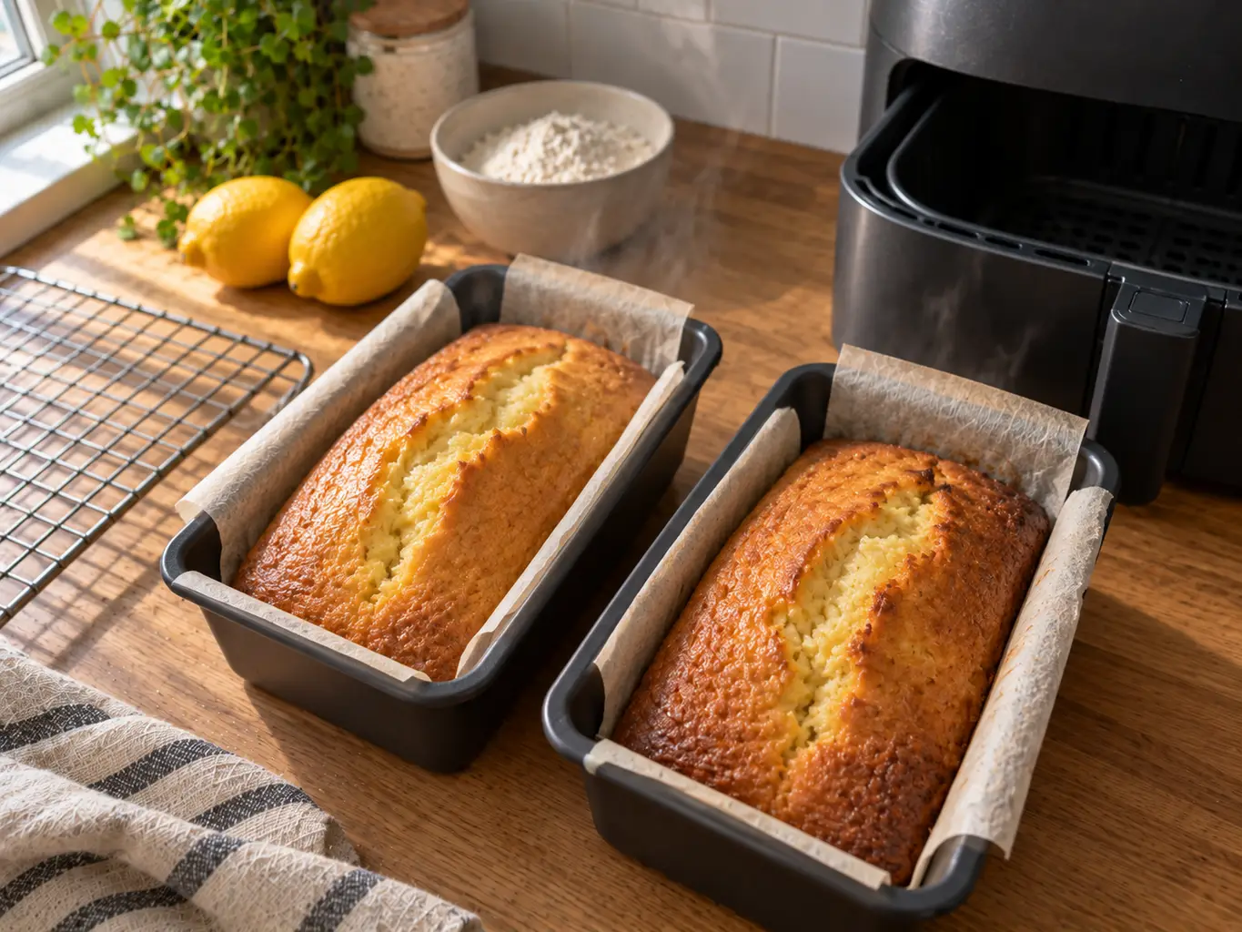 Two freshly baked lemon loaves steaming in their parchment-lined mini pans beside an open air fryer basket