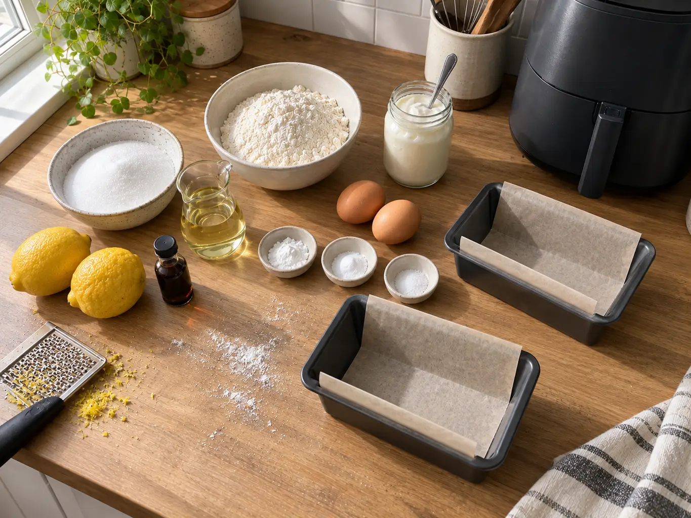 Lemon bread ingredients laid out on a wooden counter: flour, sugar, sour cream, oil, eggs, lemons, a zester and two parchment-lined mini loaf pans beside an air fryer
