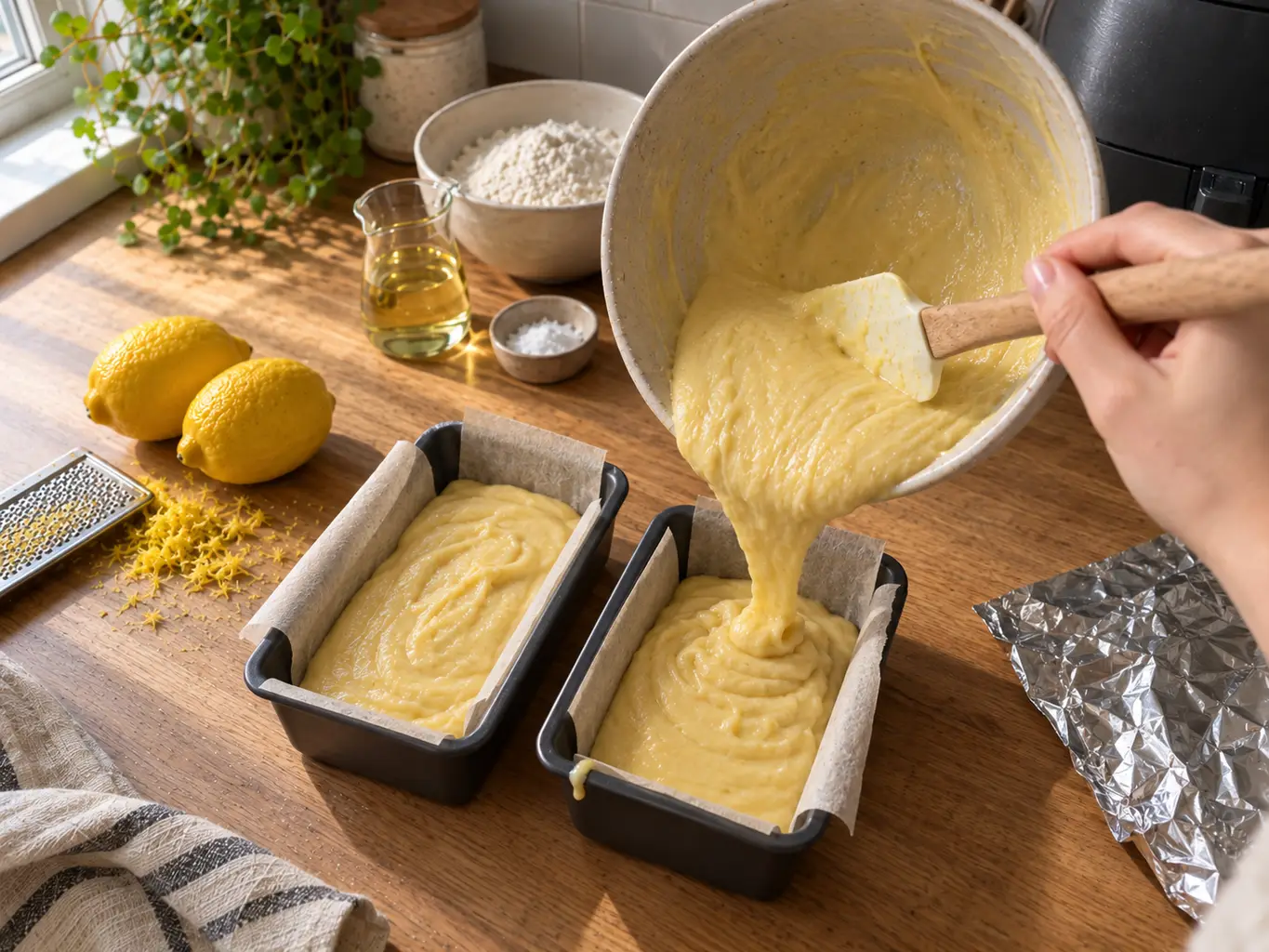 Batter being poured from a ceramic bowl into two parchment-lined mini loaf pans on a wooden counter, with foil ready alongside
