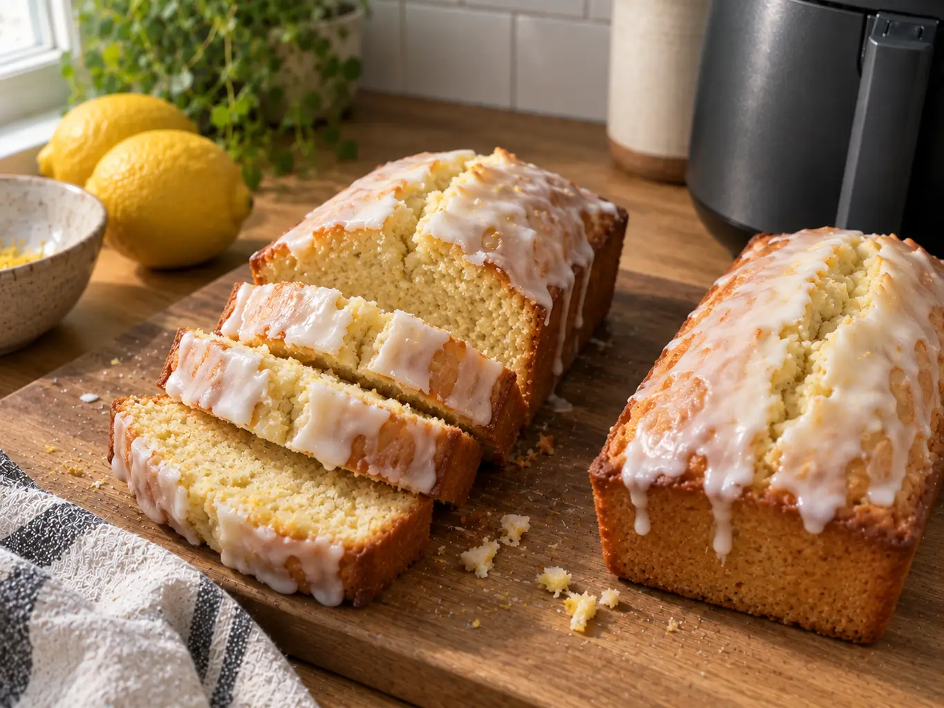 Two glazed lemon bread mini loaves on a wooden board, one sliced to show the tender yellow crumb under the set white glaze