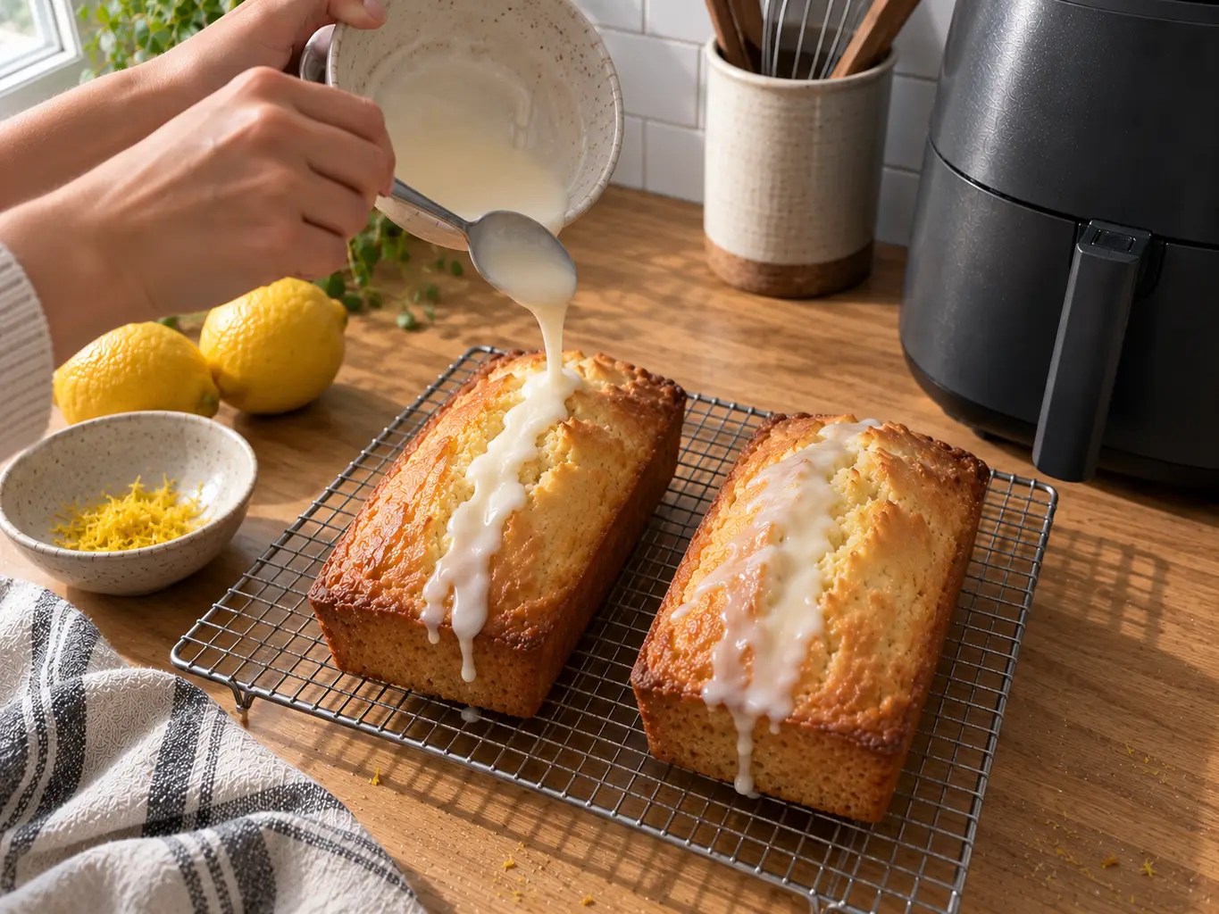 Lemon glaze being poured from a small bowl along the crown crack of a cooled loaf on a wire rack, with a second glazed loaf alongside